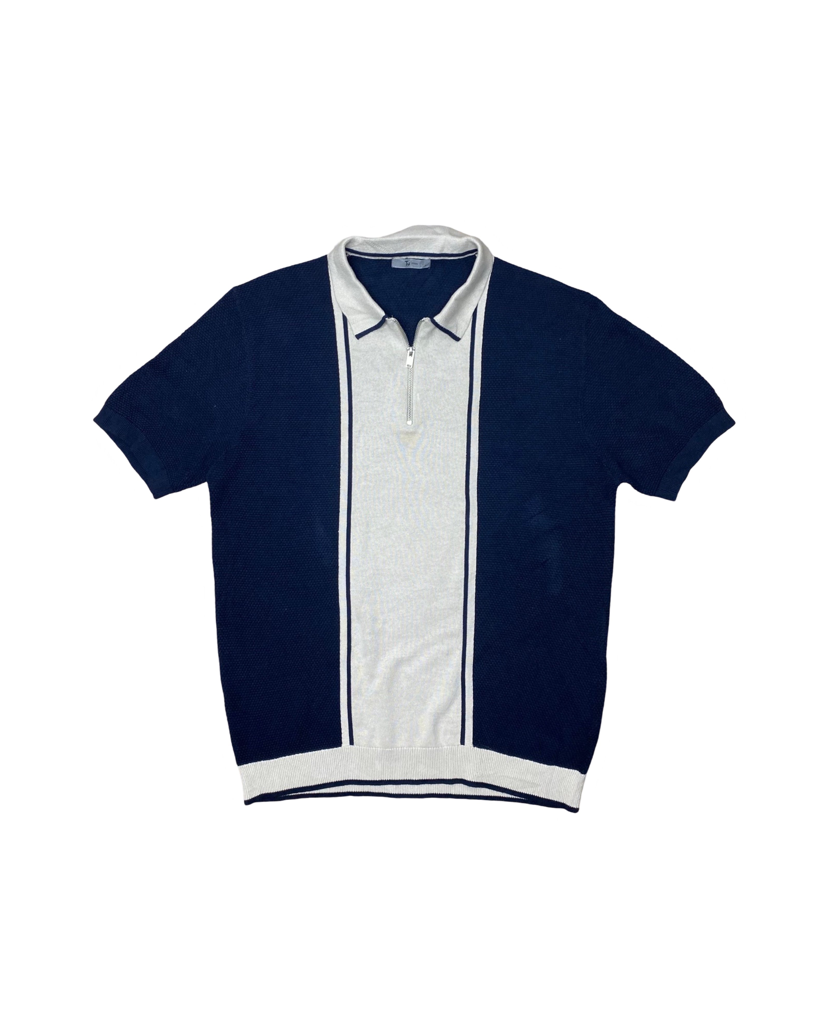 TU Man Blue & White Panel Zip Polo Shirt | Medium | Chest 22”