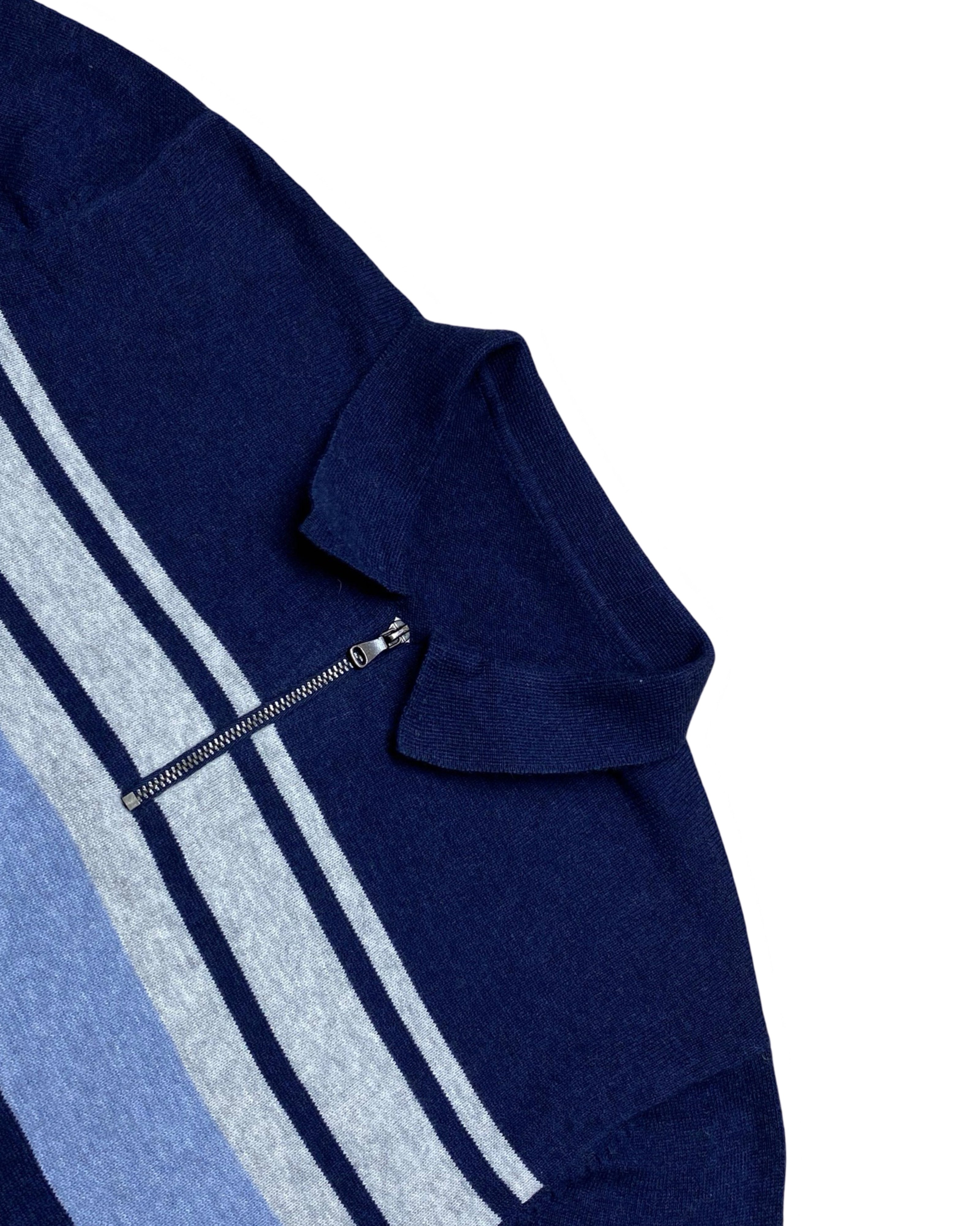 Blue & Grey Striped Knit Polo Shirt | Small | Chest 18”