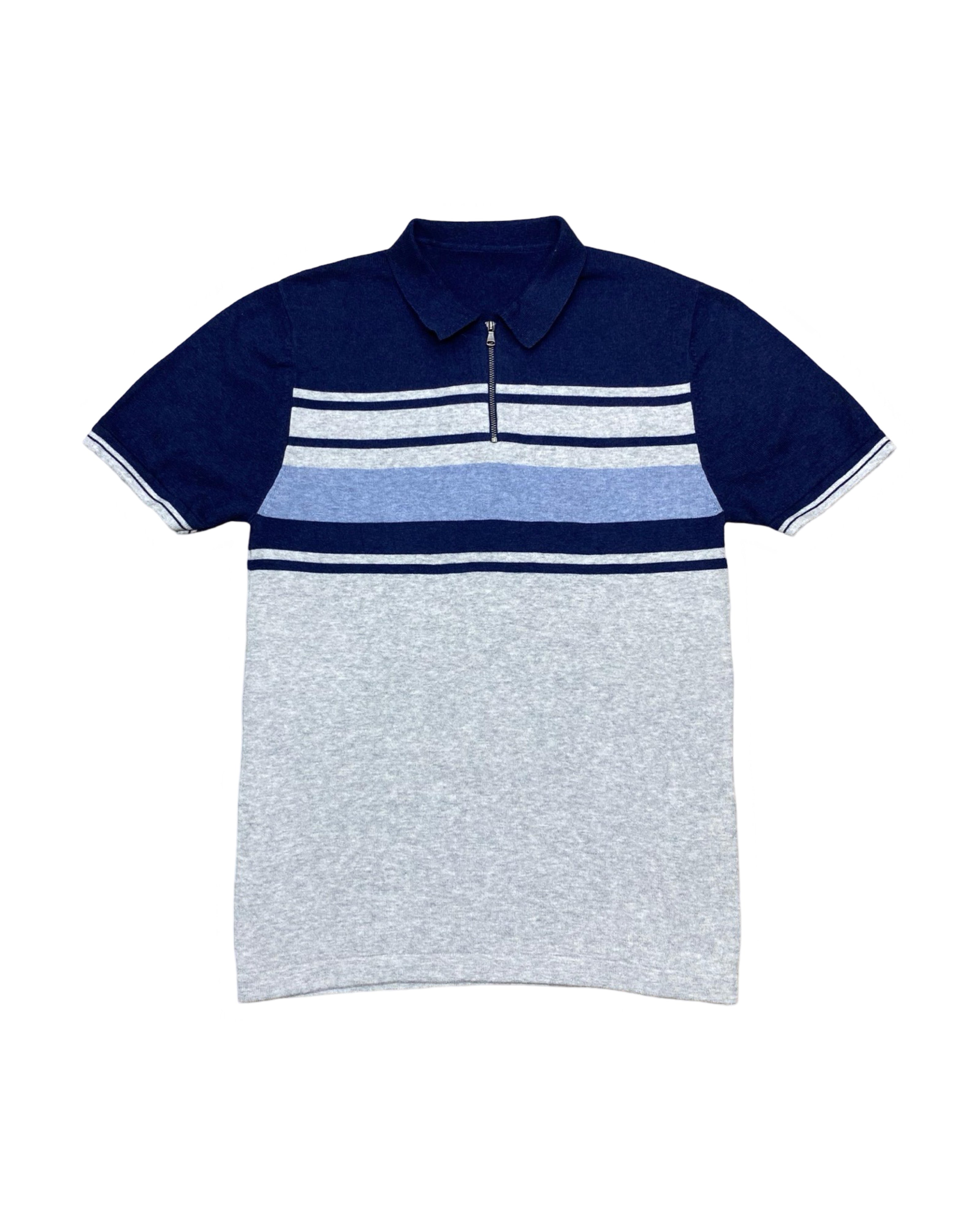 Blue & Grey Striped Knit Polo Shirt | Small | Chest 18”