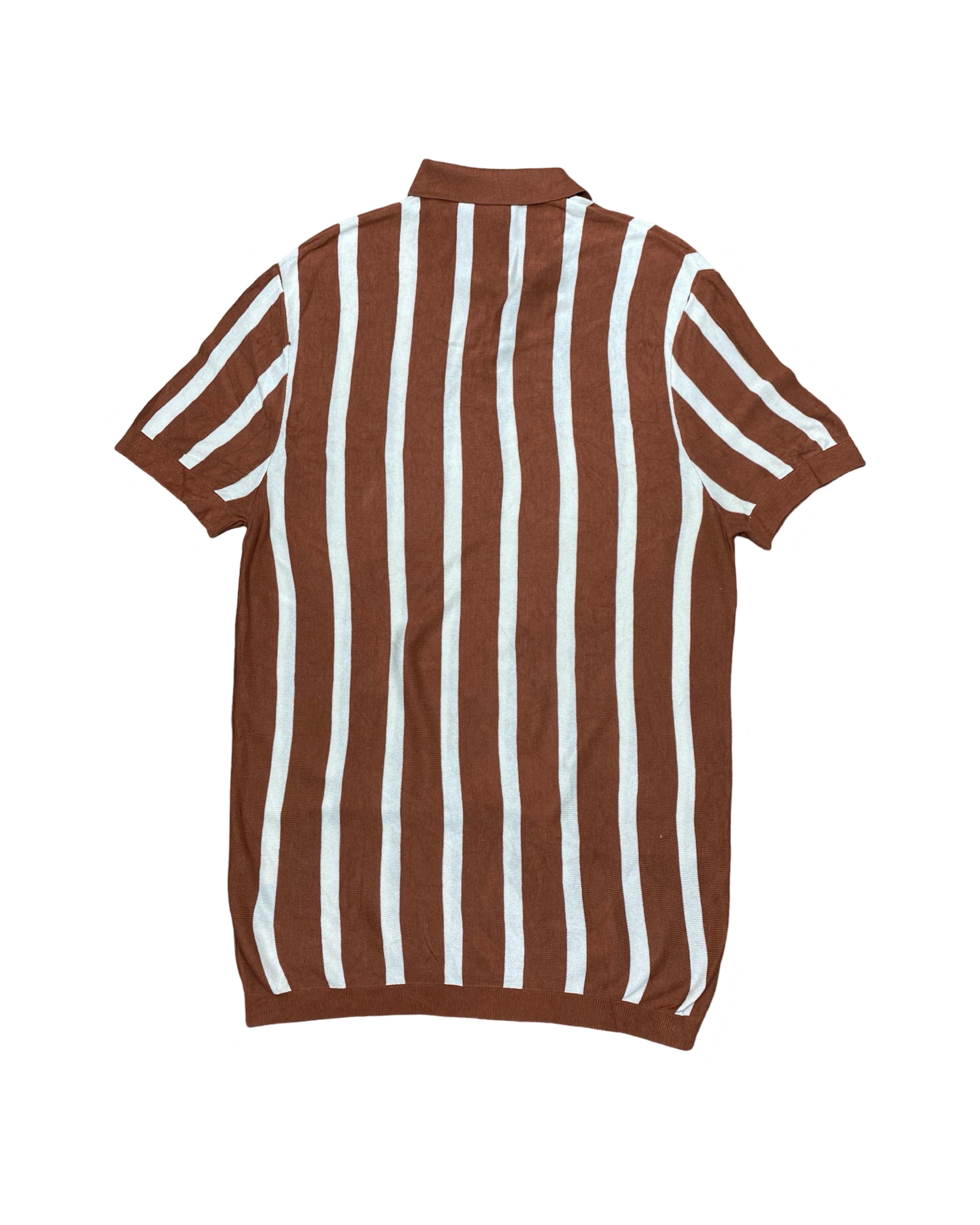 H&M Brown & White Vertical Striped Knitted Polo Shirt | Ribbed Hem | Medium | Chest 21”