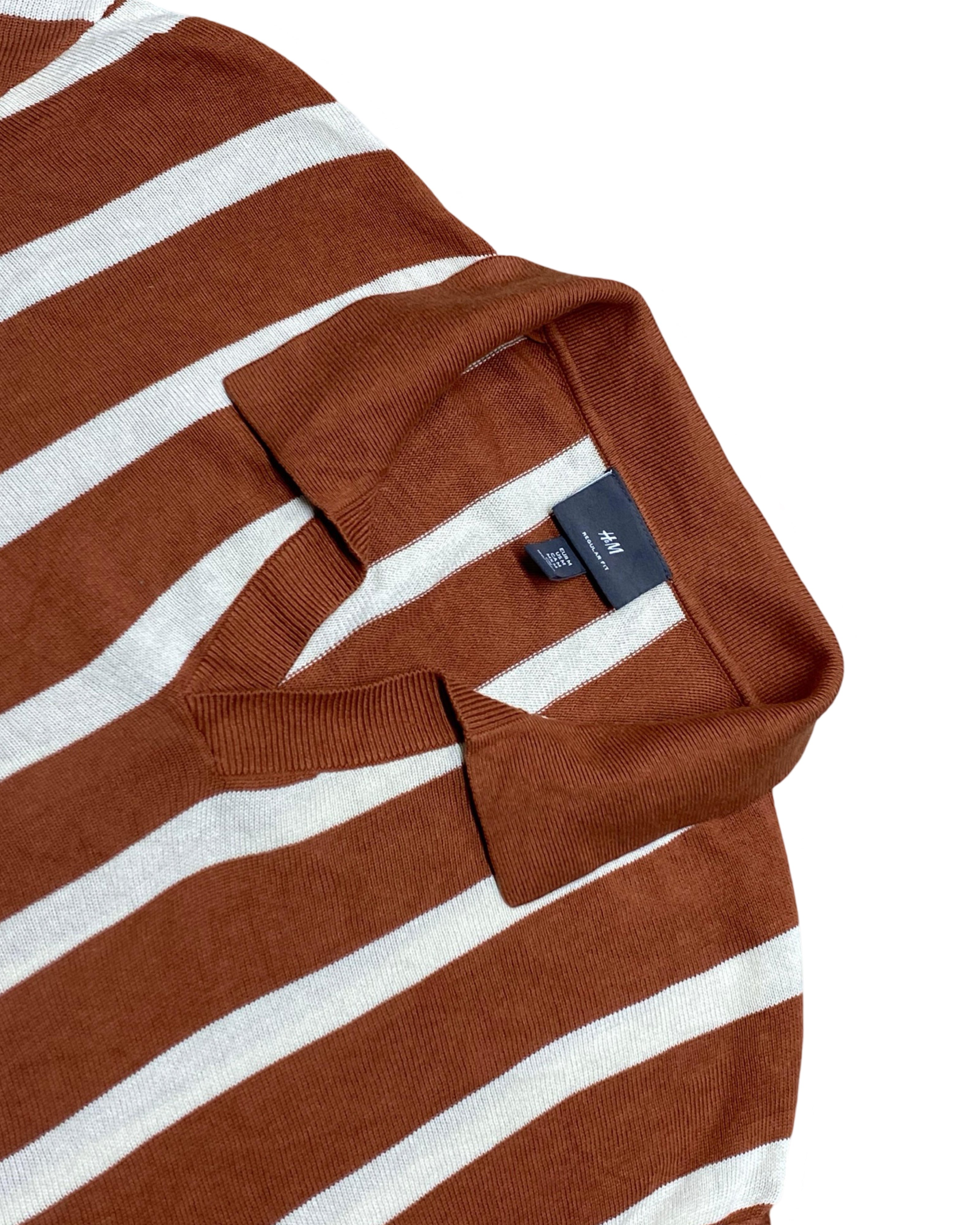 H&M Brown & White Vertical Striped Knitted Polo Shirt | Ribbed Hem | Medium | Chest 21”