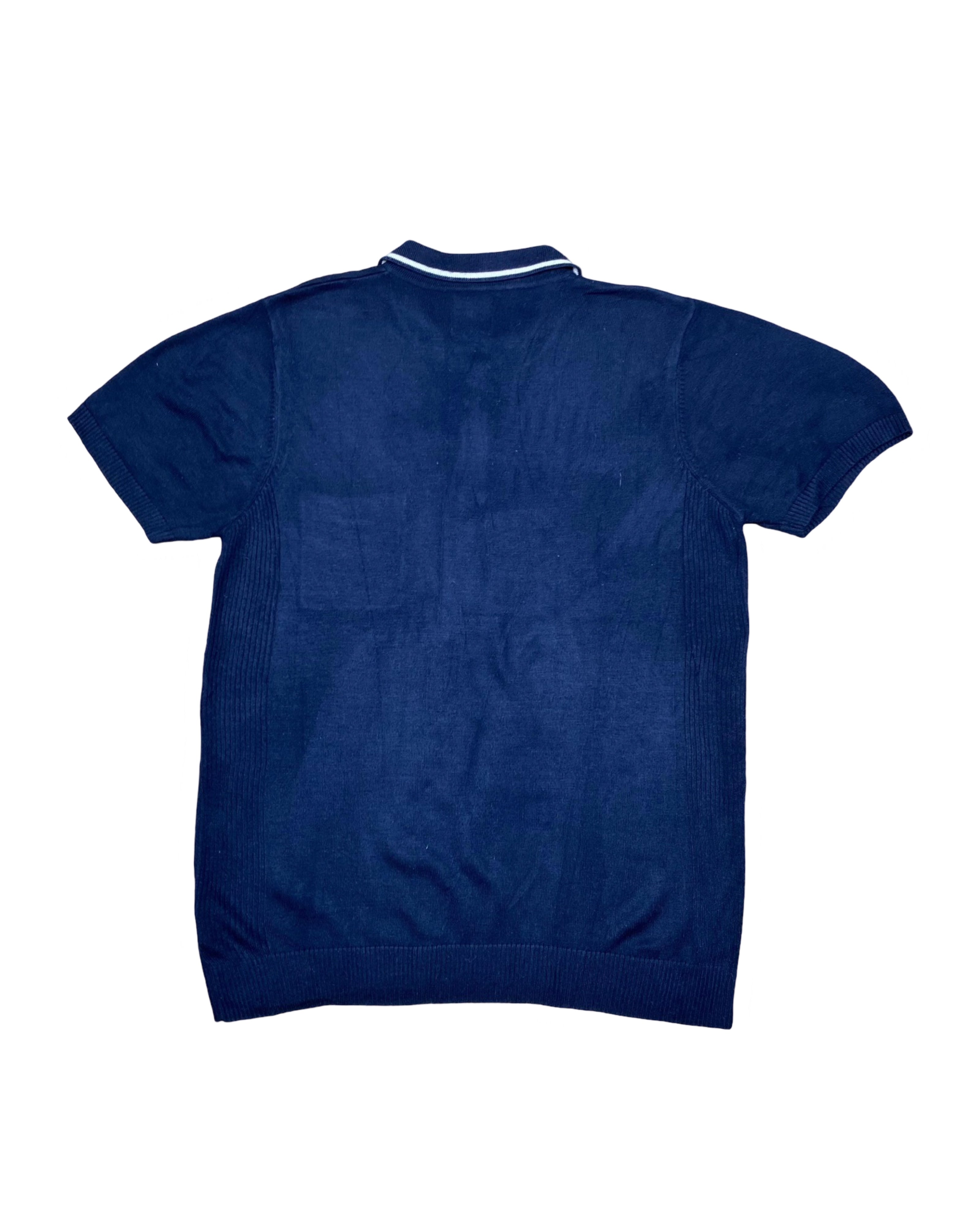 Burton London Navy Knitted Polo Shirt with Ribbed Sleeves & Hem | Medium | Chest 20”