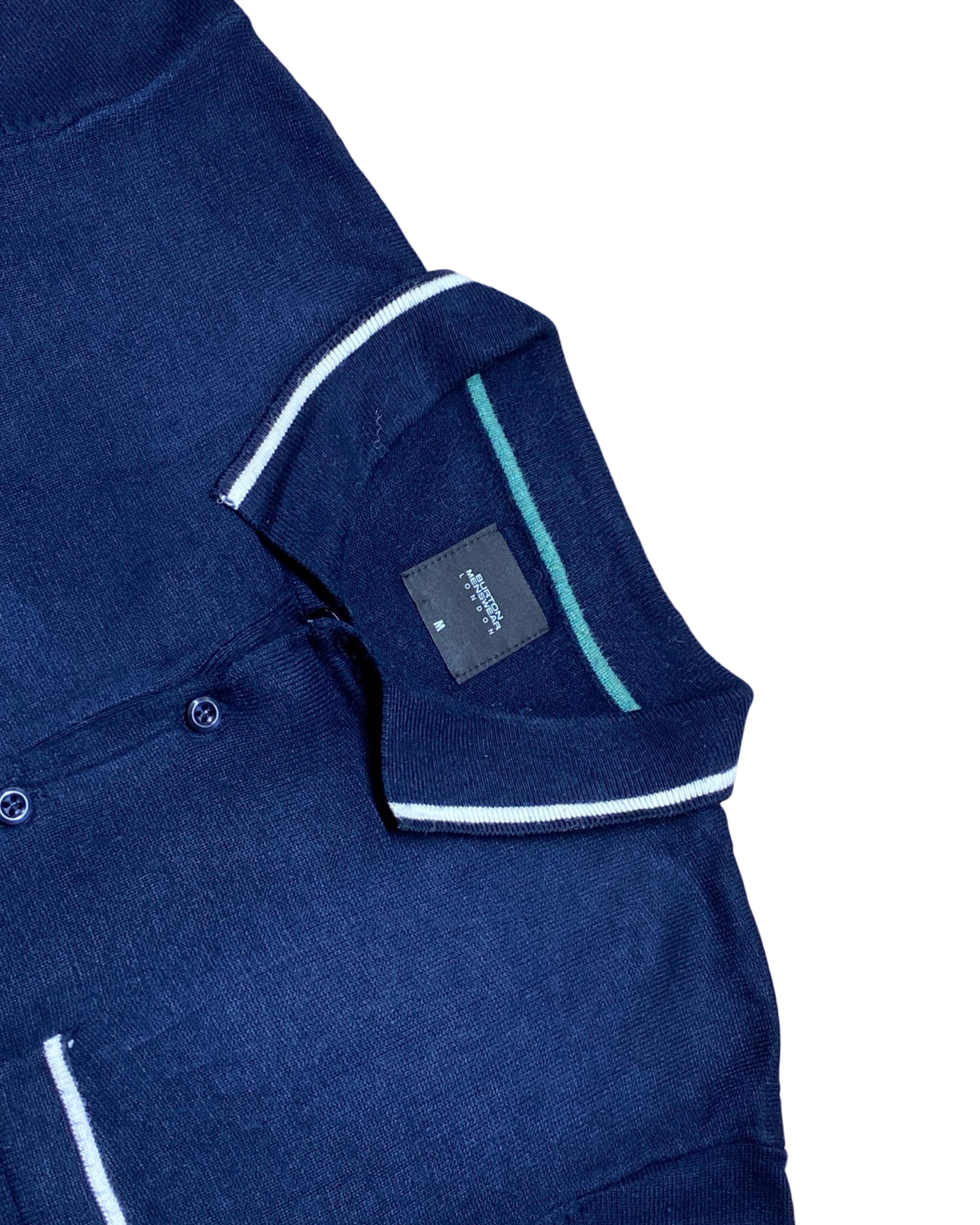 Burton London Navy Knitted Polo Shirt with Ribbed Sleeves & Hem | Medium | Chest 20”