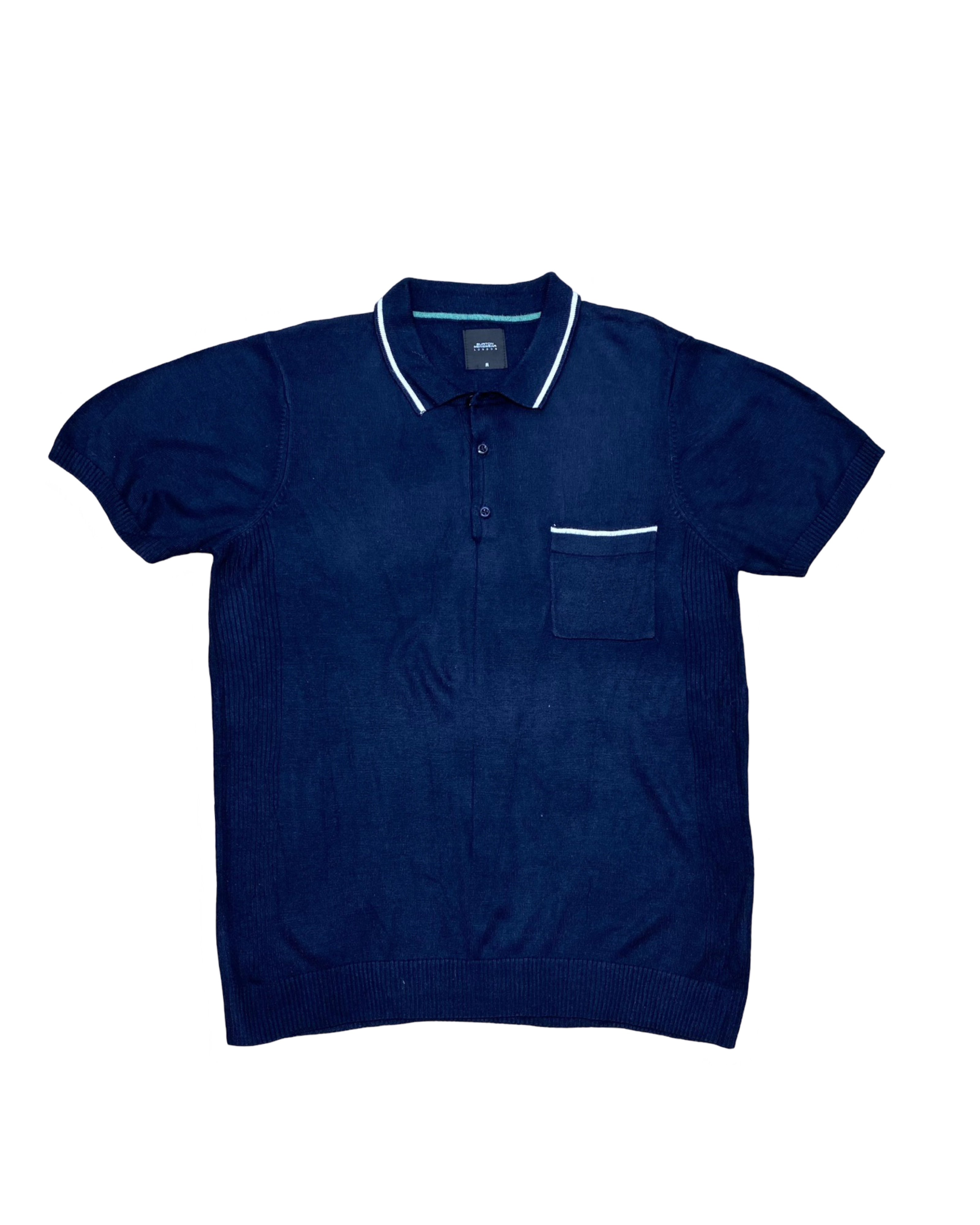 Burton London Navy Knitted Polo Shirt with Ribbed Sleeves & Hem | Medium | Chest 20”