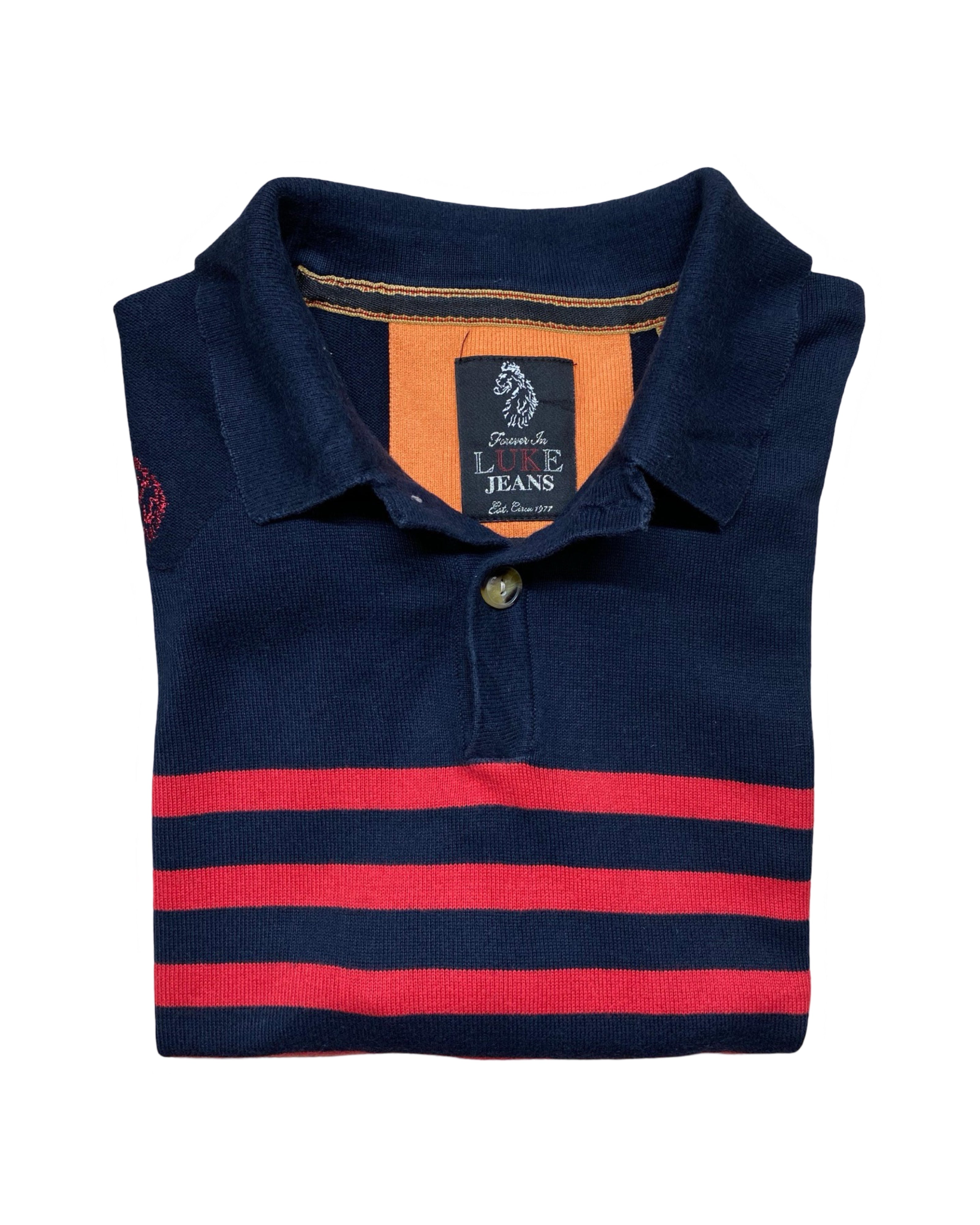 Luke Jean Navy & Red Striped Ribbed Knit Polo Shirt | Large | Chest 22.5”