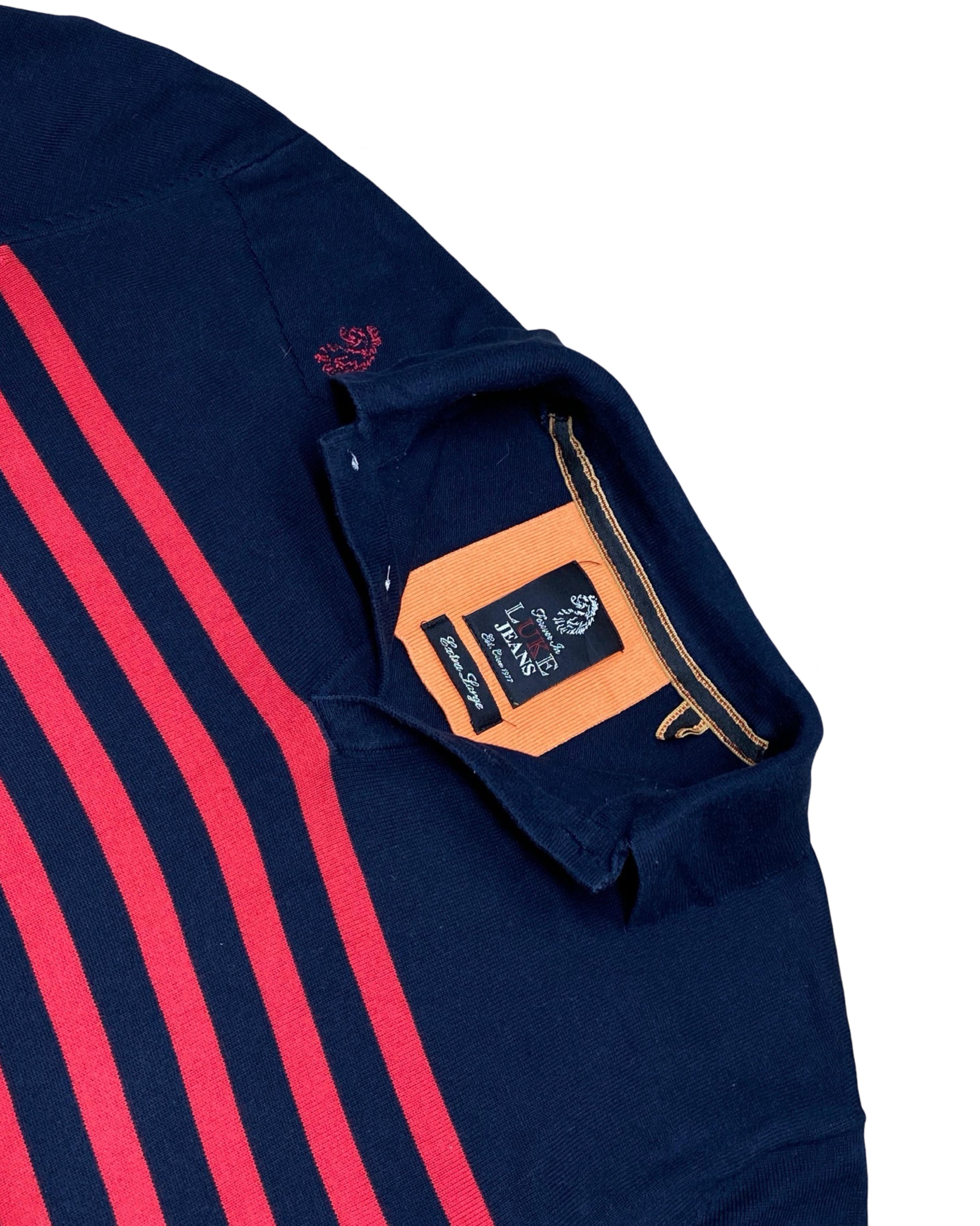 Luke Jean Navy & Red Striped Ribbed Knit Polo Shirt | Large | Chest 22.5”