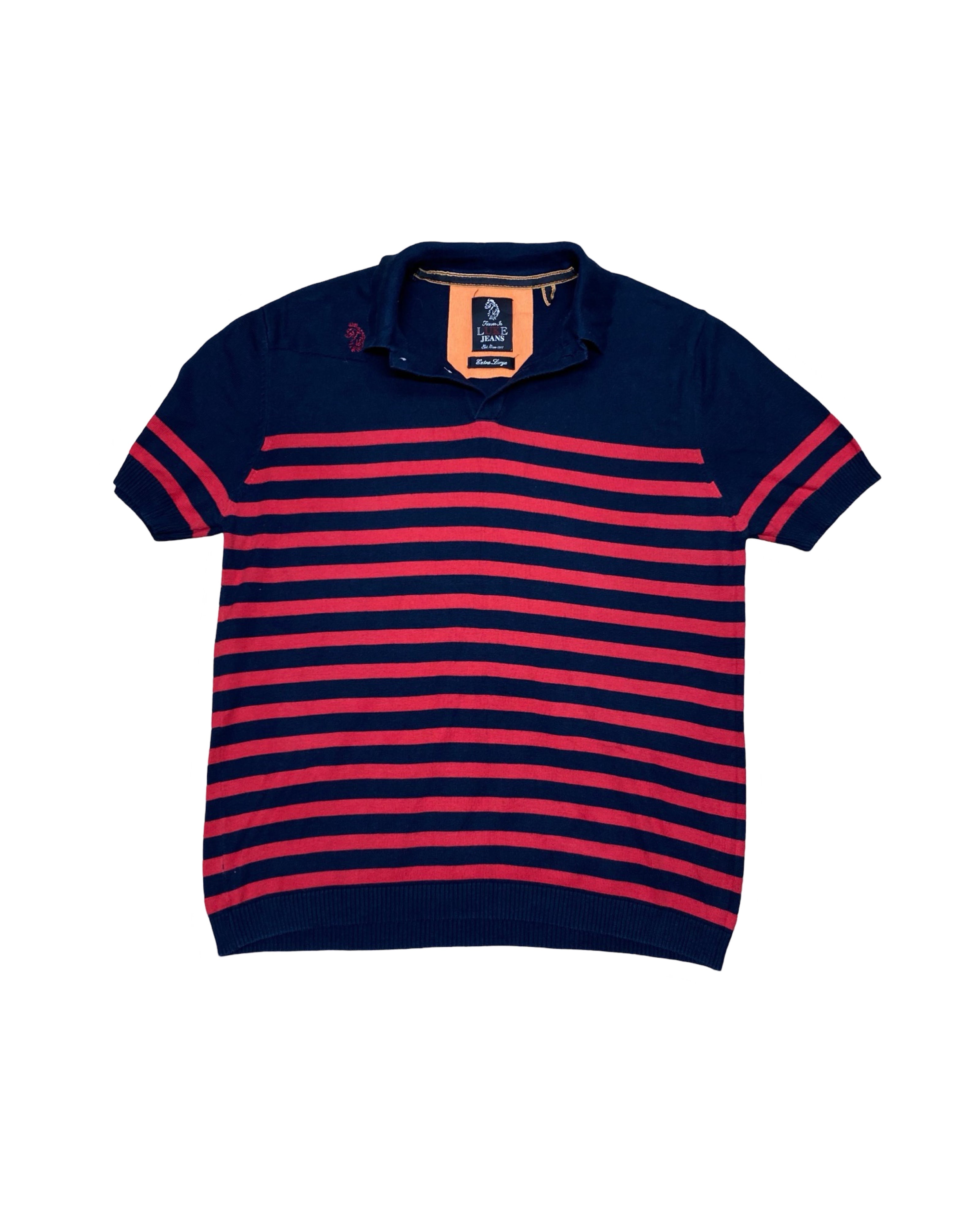 Luke Jean Navy & Red Striped Ribbed Knit Polo Shirt | Large | Chest 22.5”