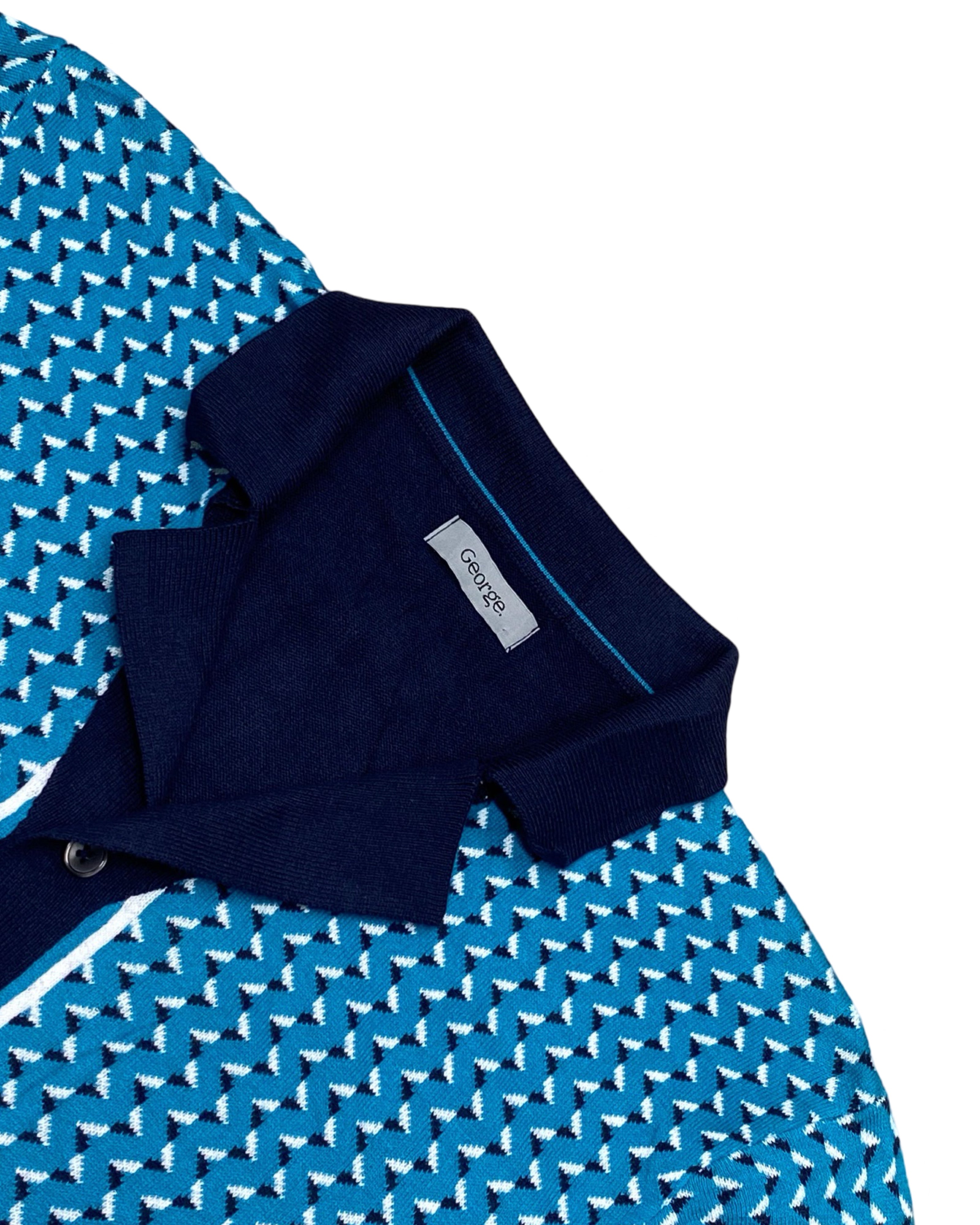 George Blue Zigzag Knit Button-Up Polo | Small | Chest 19.5”