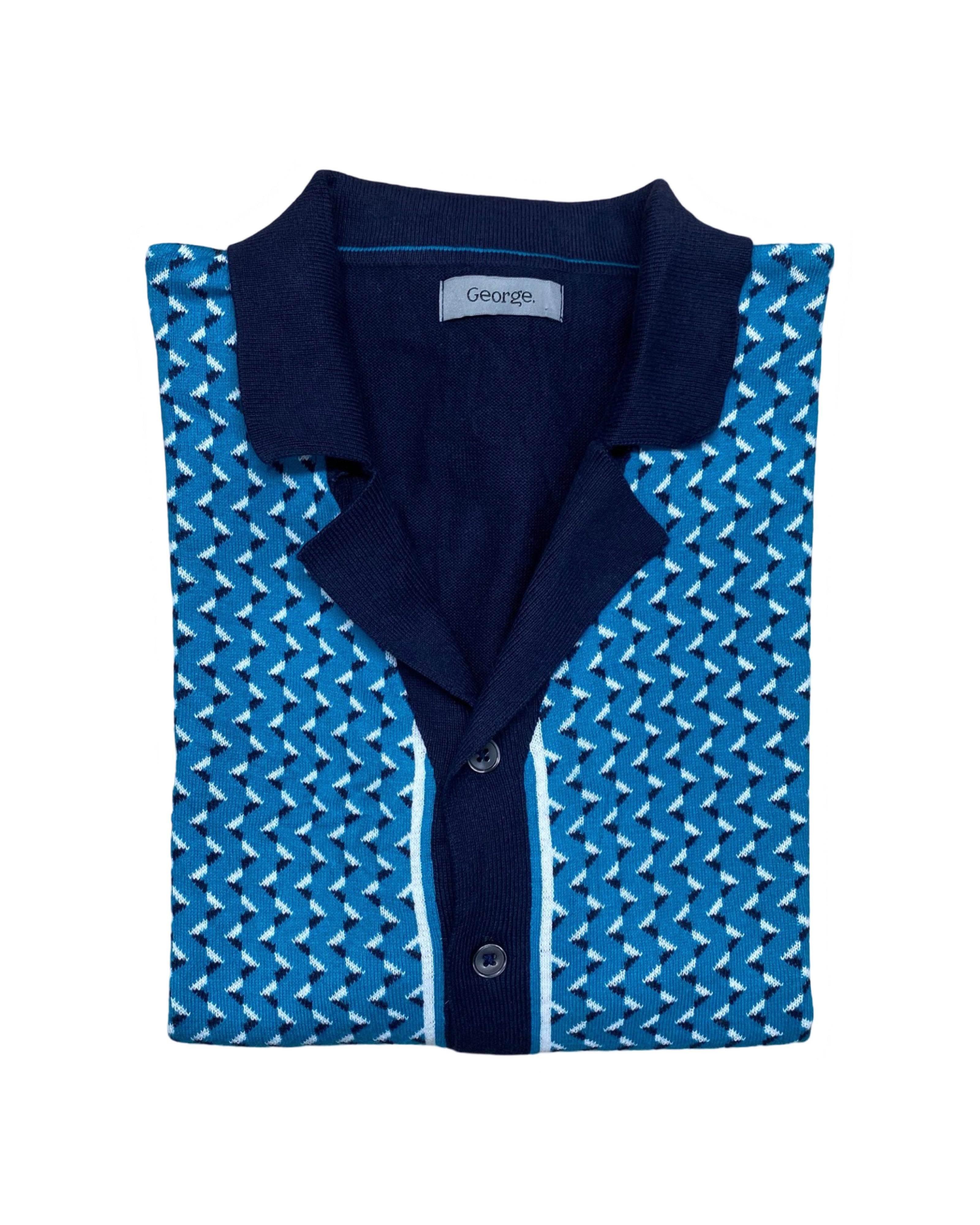 George Blue Zigzag Knit Button-Up Polo | Small | Chest 19.5”