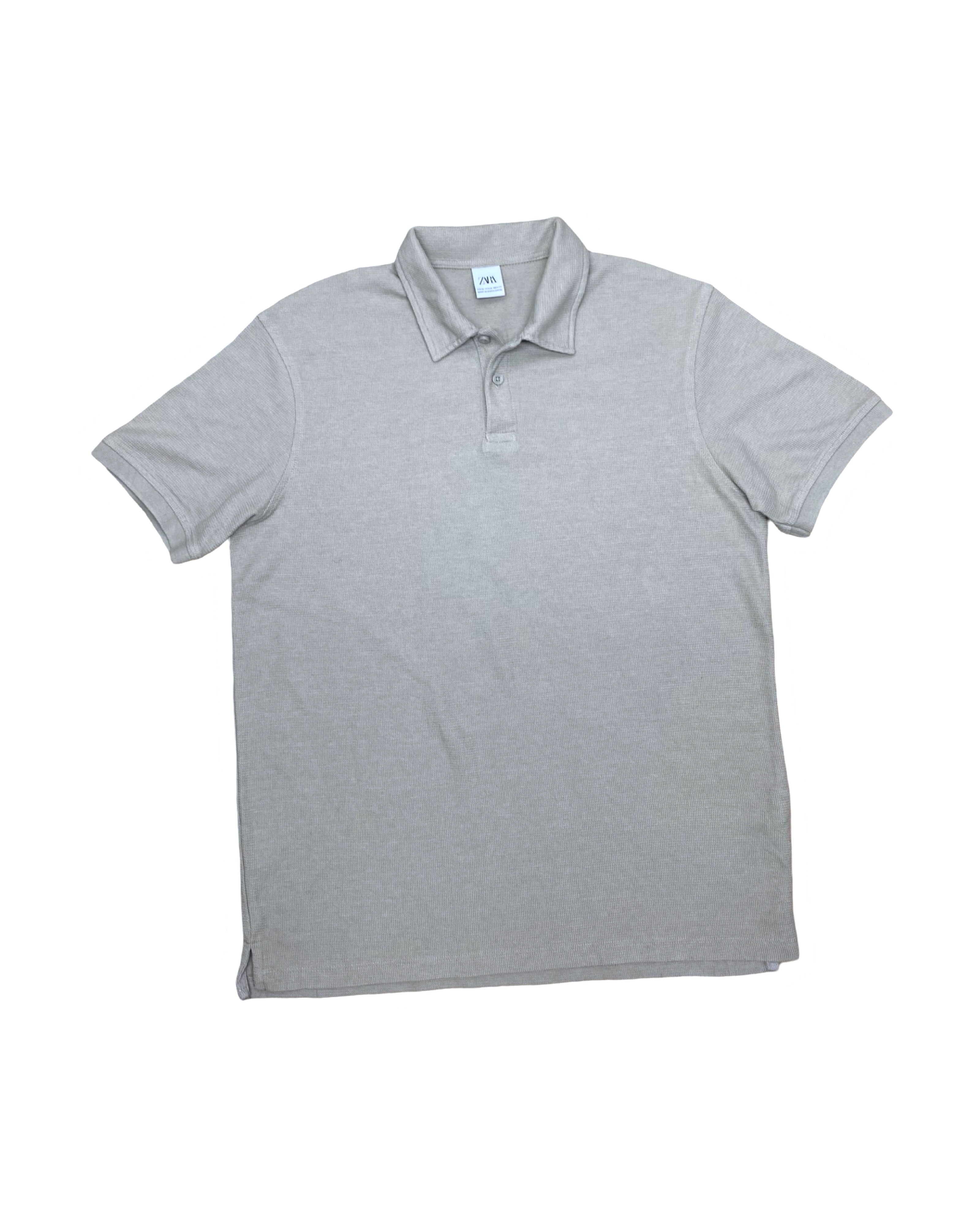 ZARA Beige Textured Knit Polo Shirt | Medium | Chest 21.5”