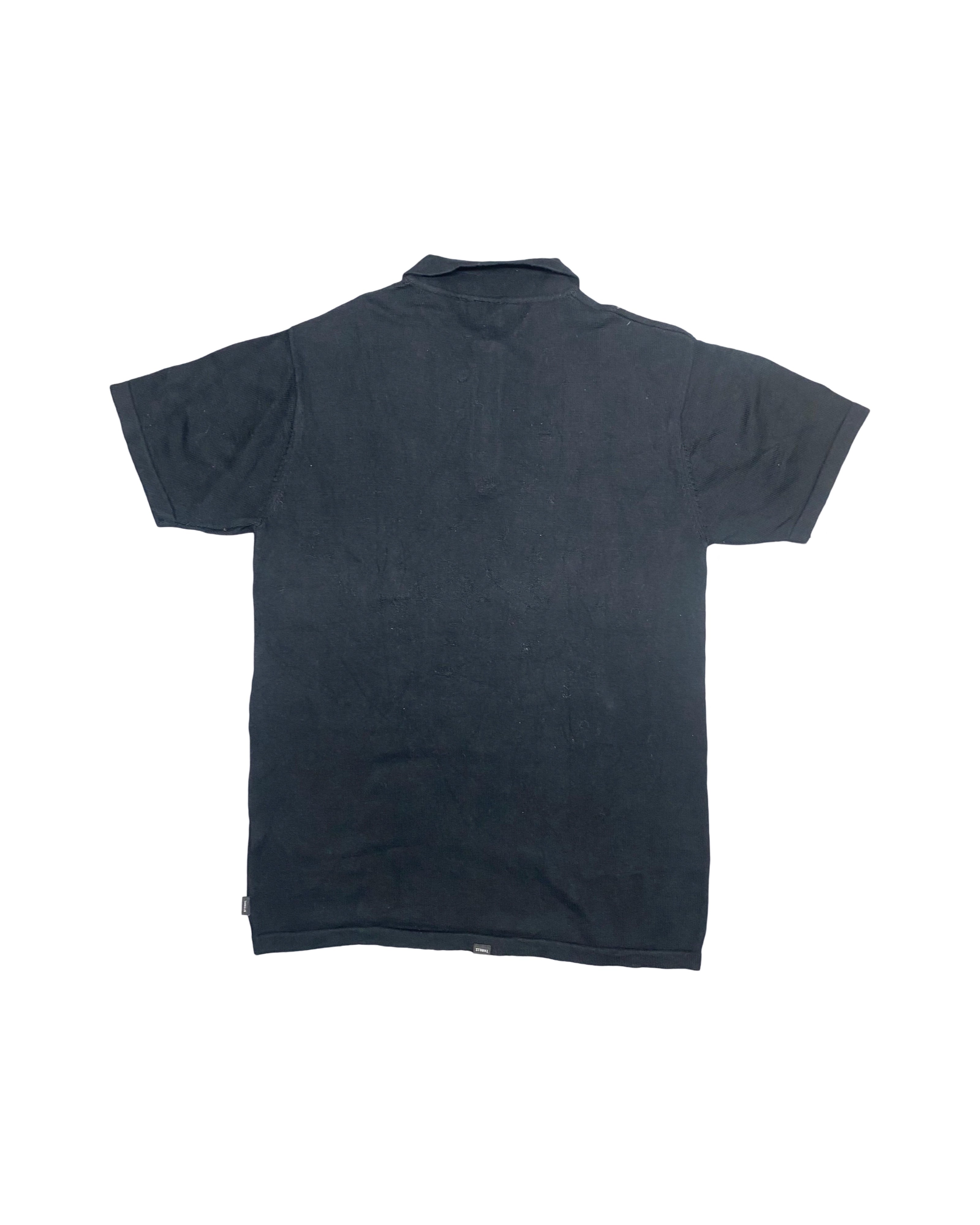 THRILLS Black Knit Polo with Vertical Stripe Detail | Medium | Chest 20.5”