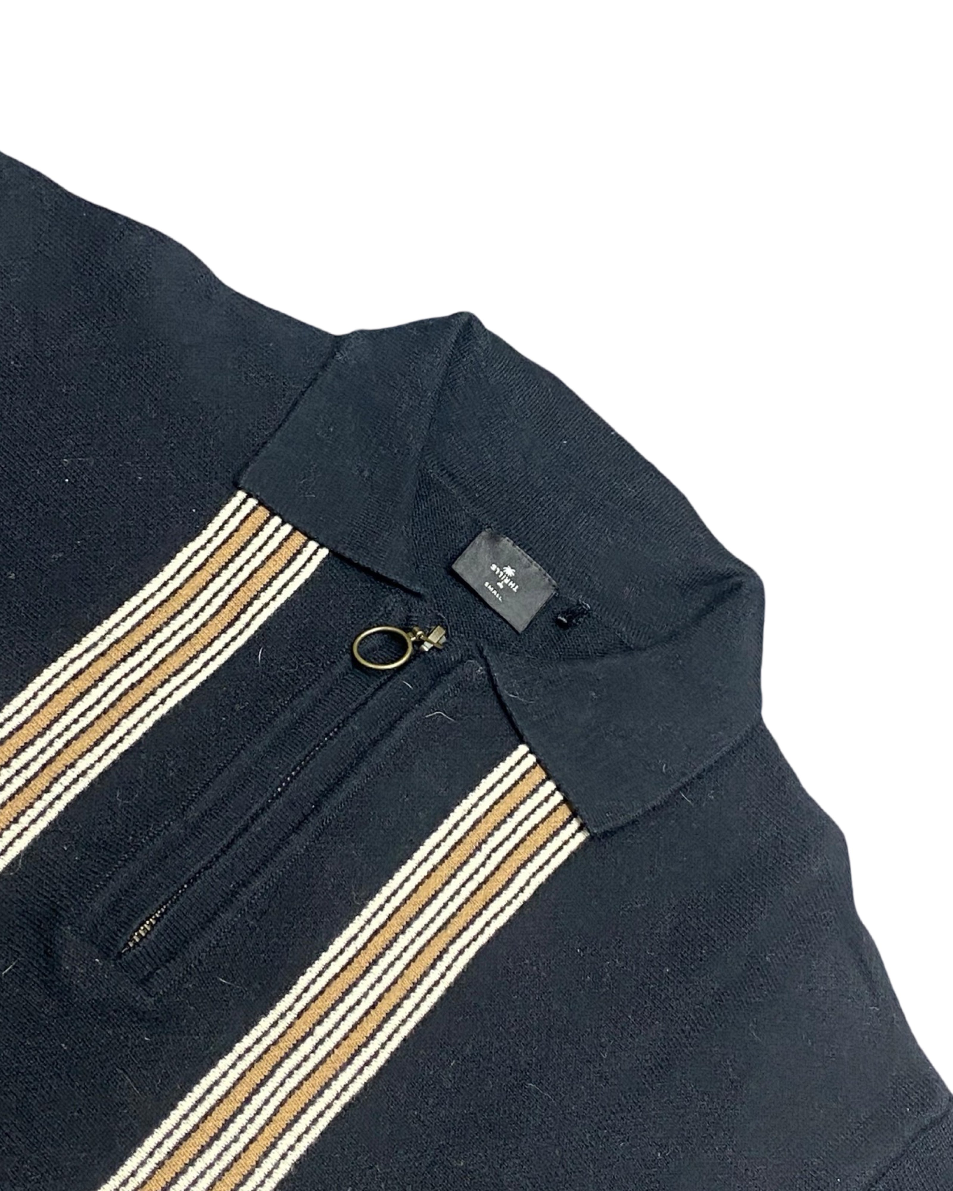 THRILLS Black Knit Polo with Vertical Stripe Detail | Medium | Chest 20.5”