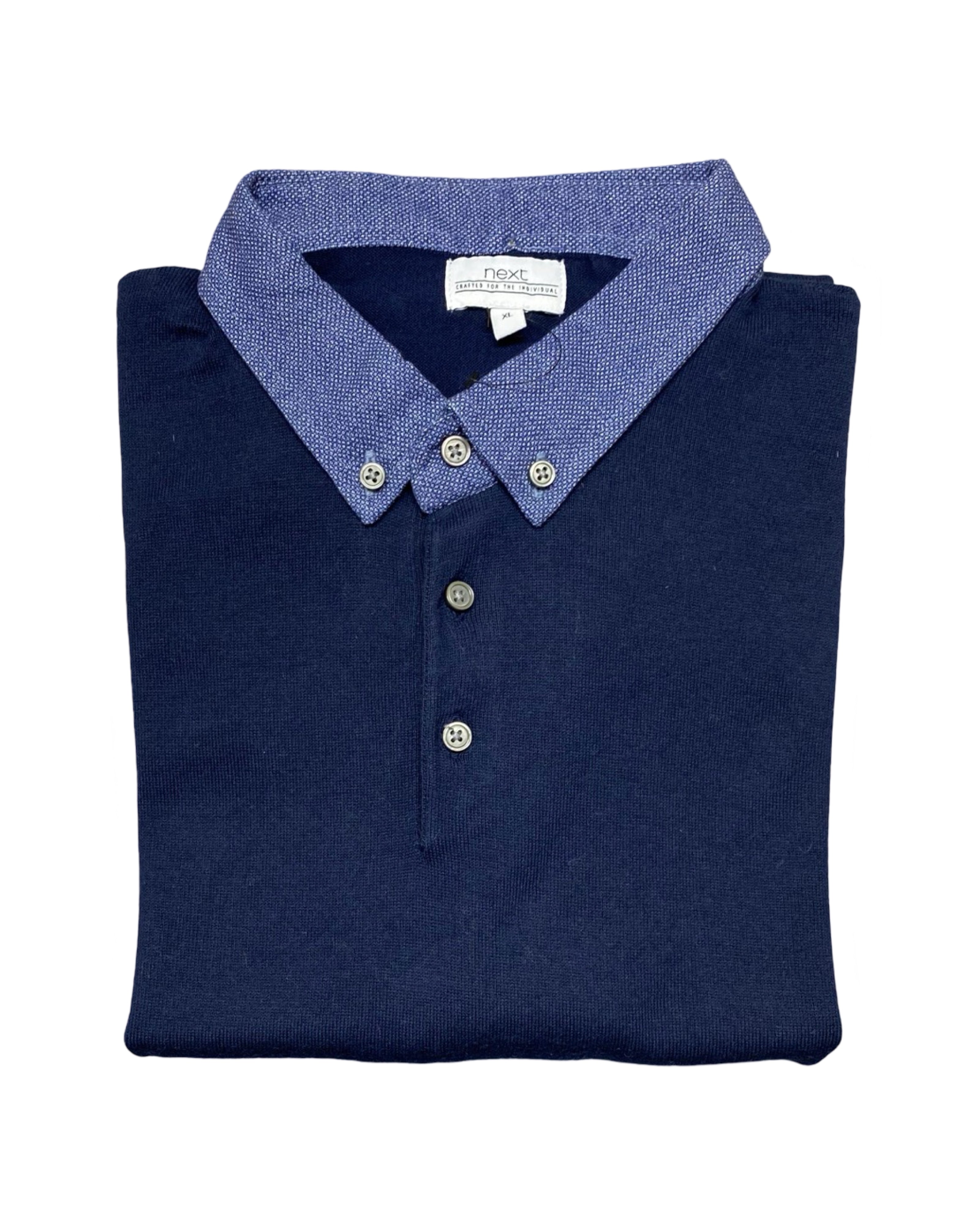 NEXT Navy Blue Knitted Polo Shirt with Contrast Collar | Large | Chest 22.5”