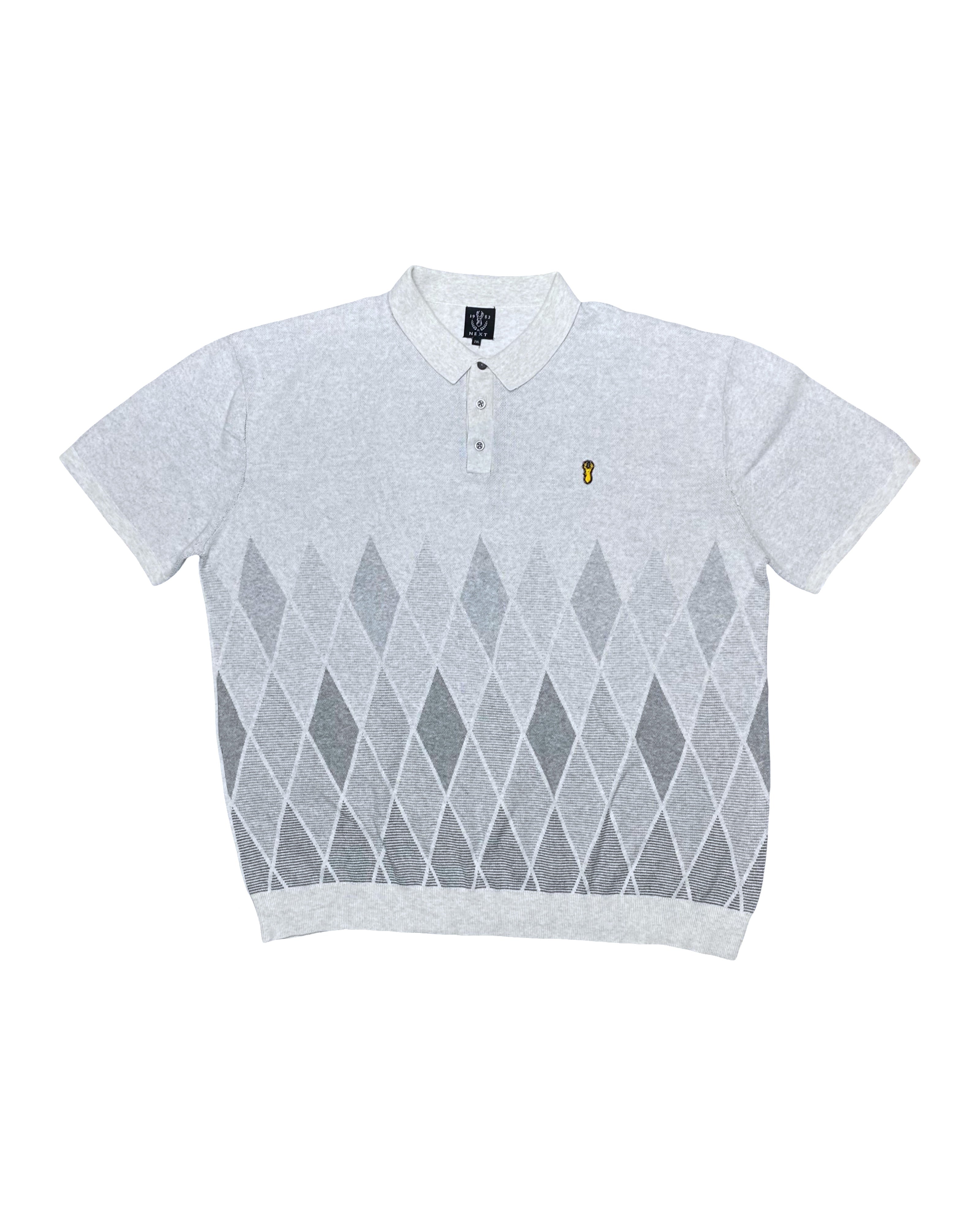 NEXT Grey Argyle Knitted Polo Shirt with Ribbed Hem | XXL | Chest 26”