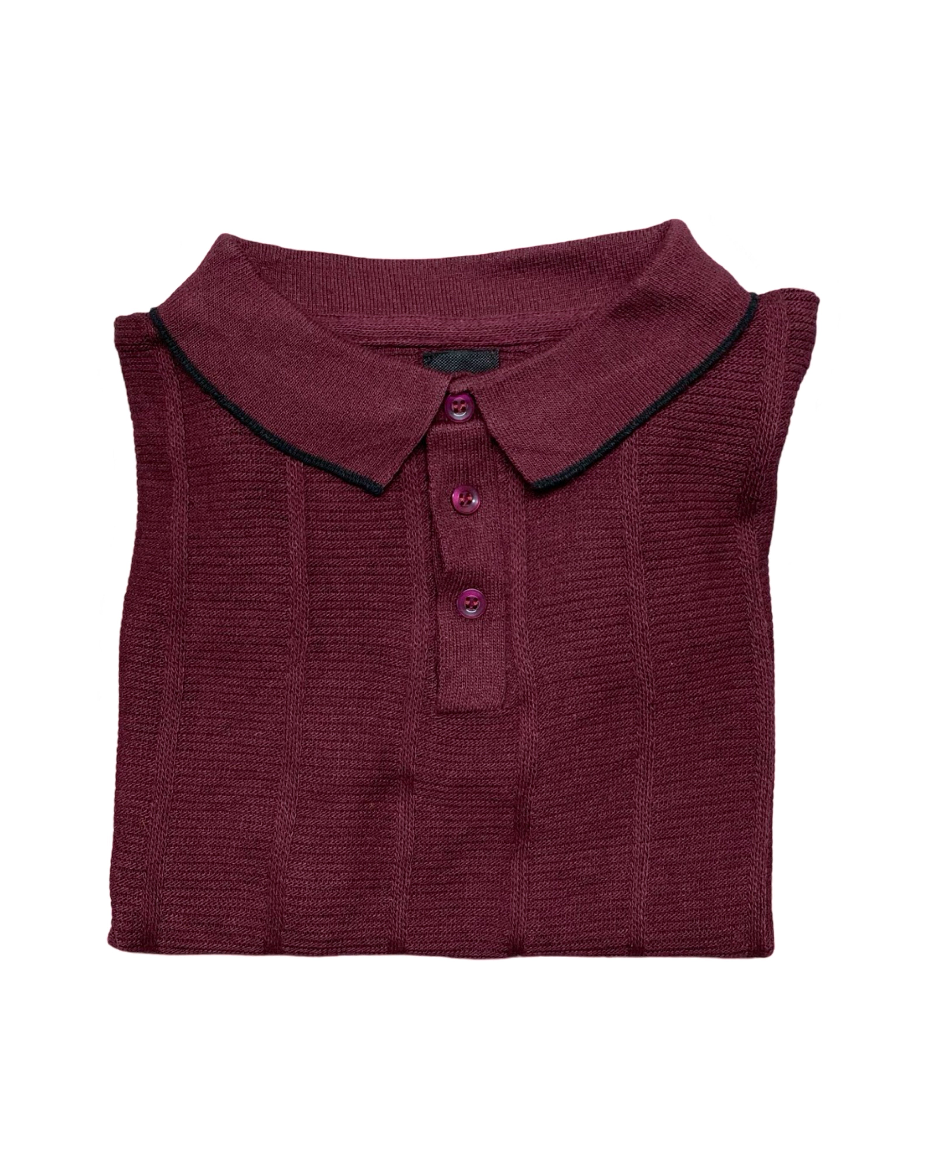 RIVER ISLAND Burgundy Ribbed Knit Polo Shirt | Small | Chest 18”