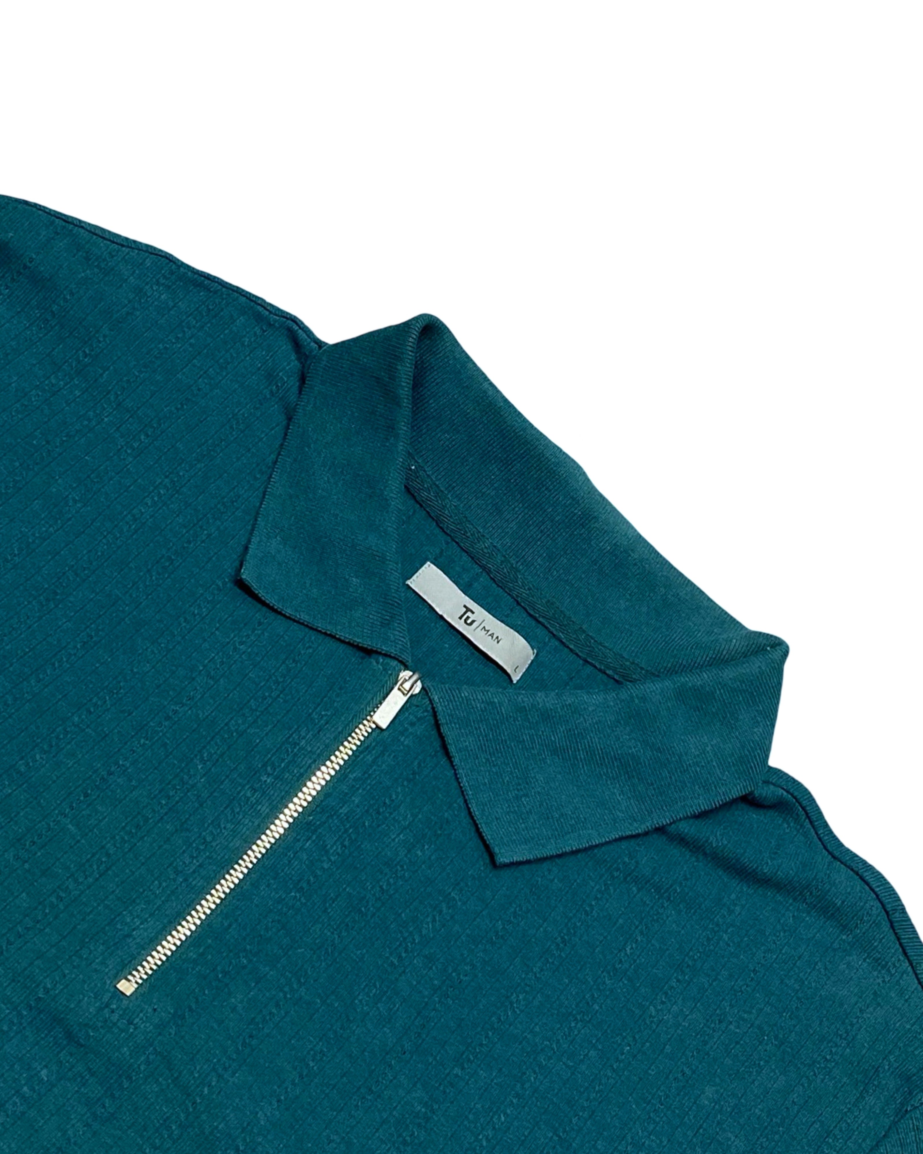 TU Teal Green Knitted Polo Shirt with Zip Neck | Large | Chest 24”