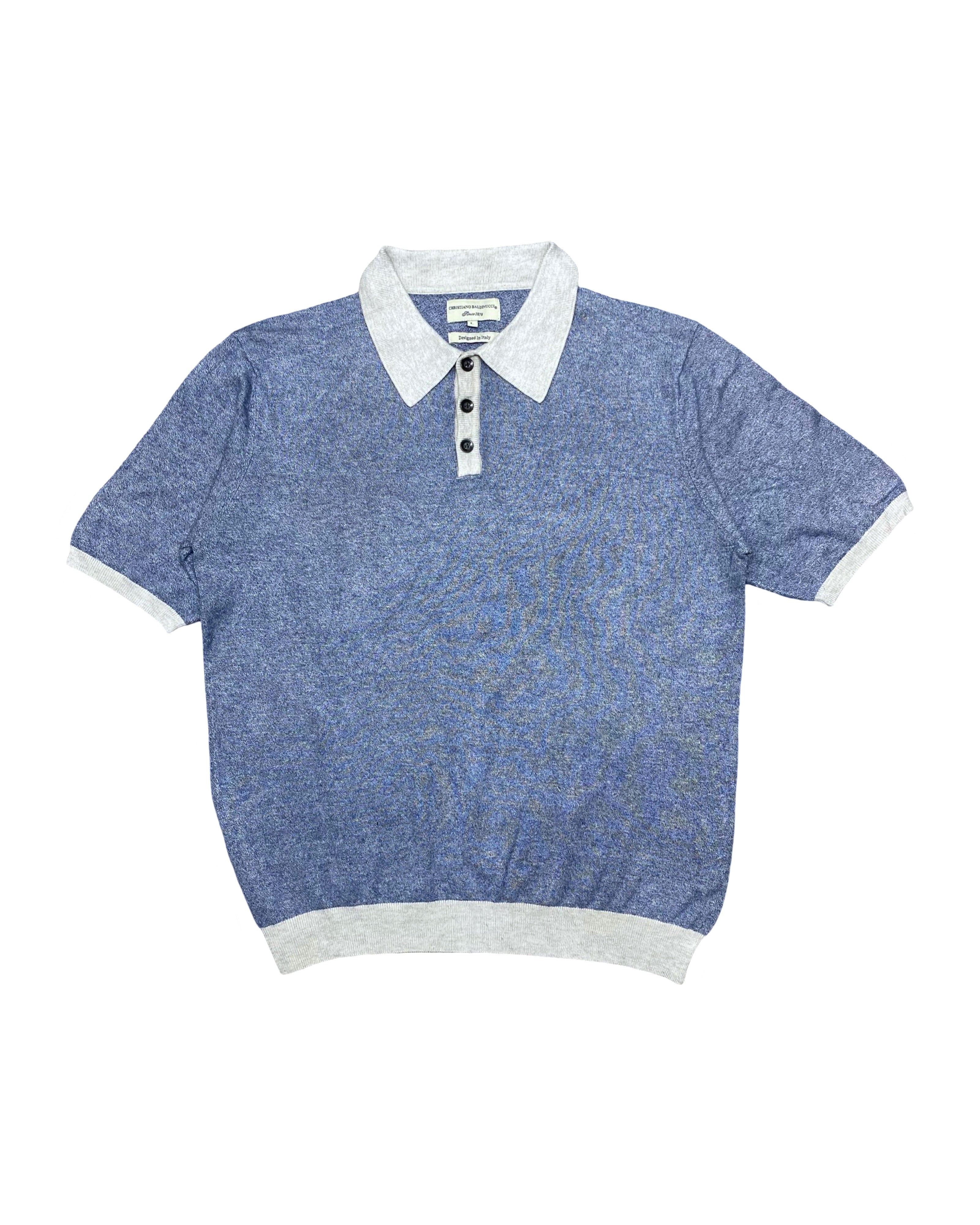 CHRISTIANO BALDINUCCI Blue Knitted Polo Shirt with Ribbed Hem & Cuffs | Large | Chest 21”