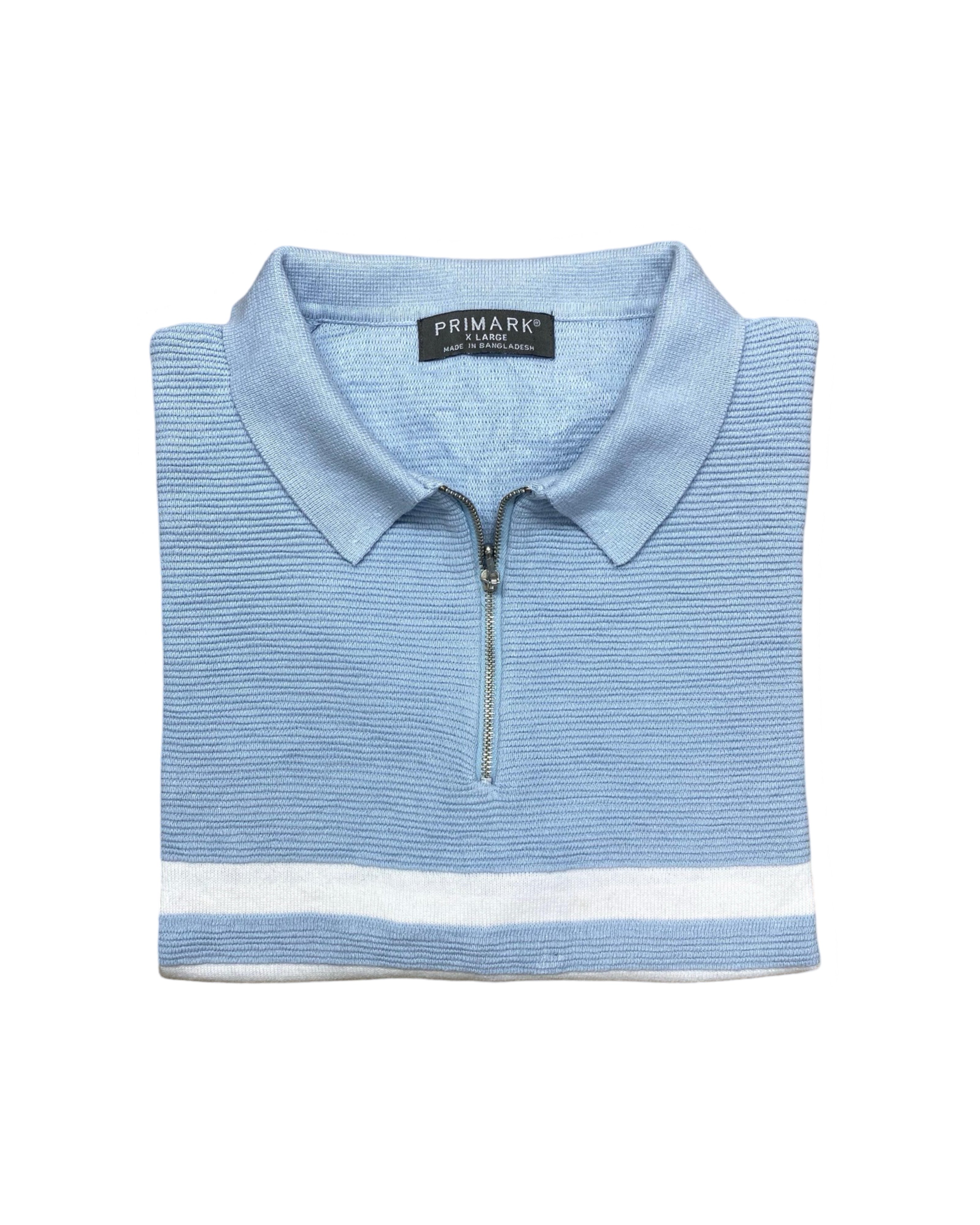 Primark Light Blue & White Knitted Zip Polo Shirt | XL | Chest 23.5”