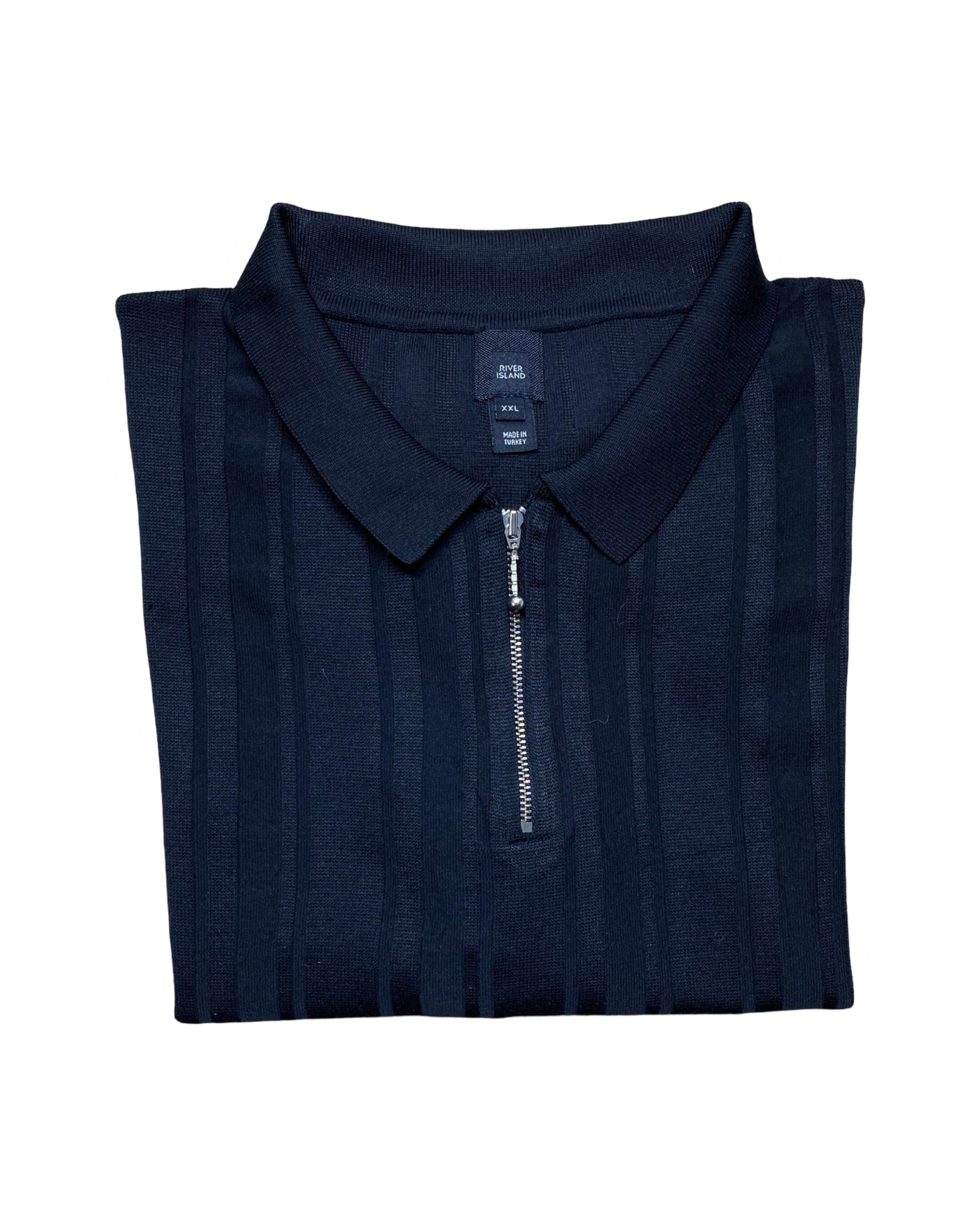 RIVER ISLAND Black Textured Zip Polo Shirt | Large | Chest 22.5”