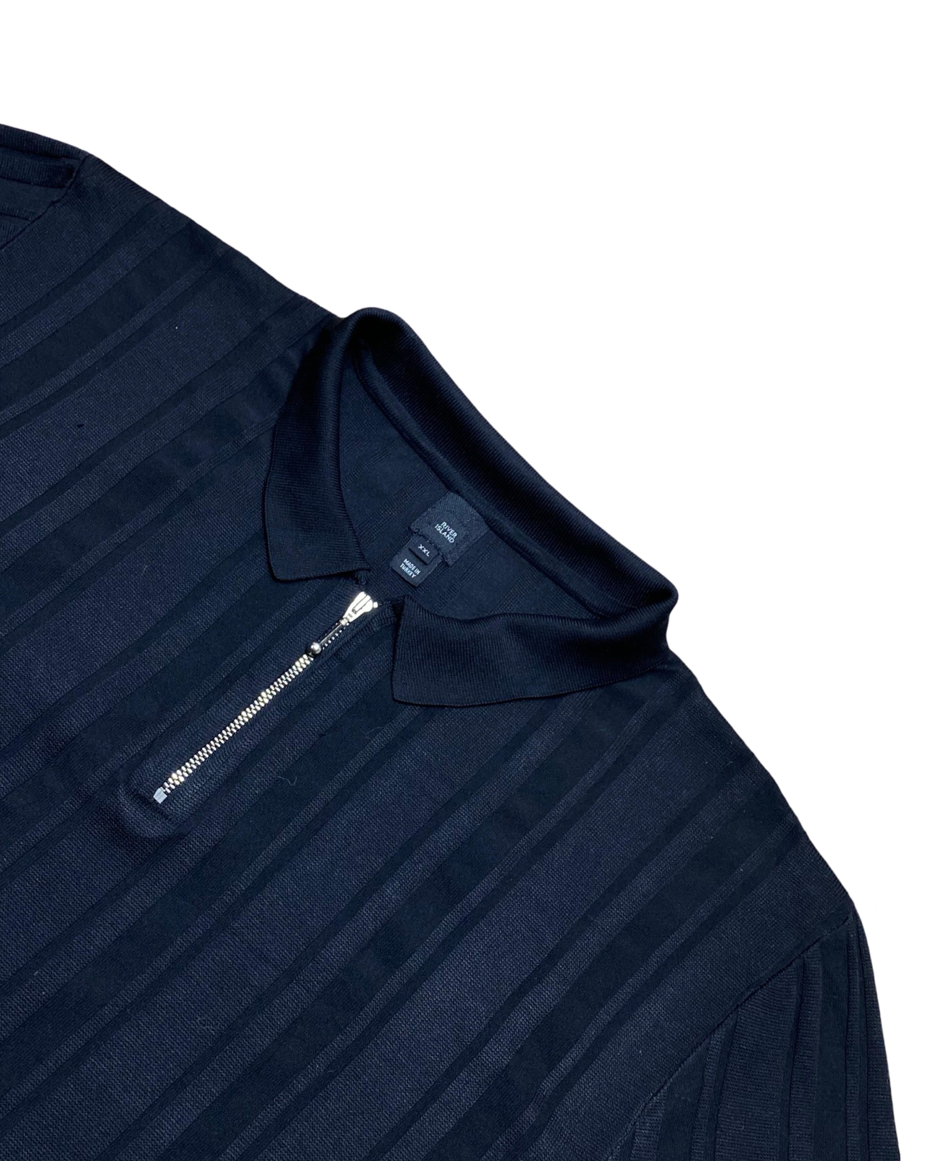 RIVER ISLAND Black Textured Zip Polo Shirt | Large | Chest 22.5”