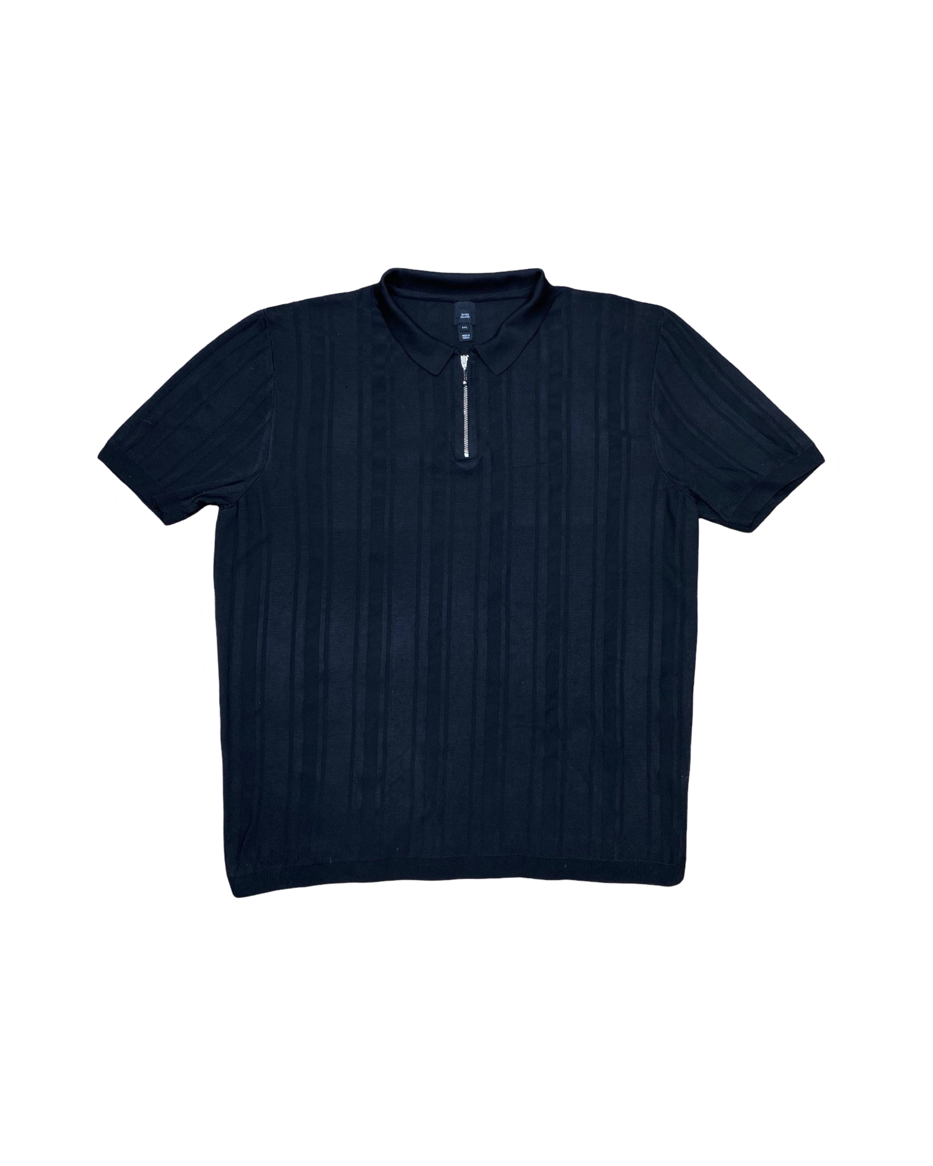 RIVER ISLAND Black Textured Zip Polo Shirt | Large | Chest 22.5”