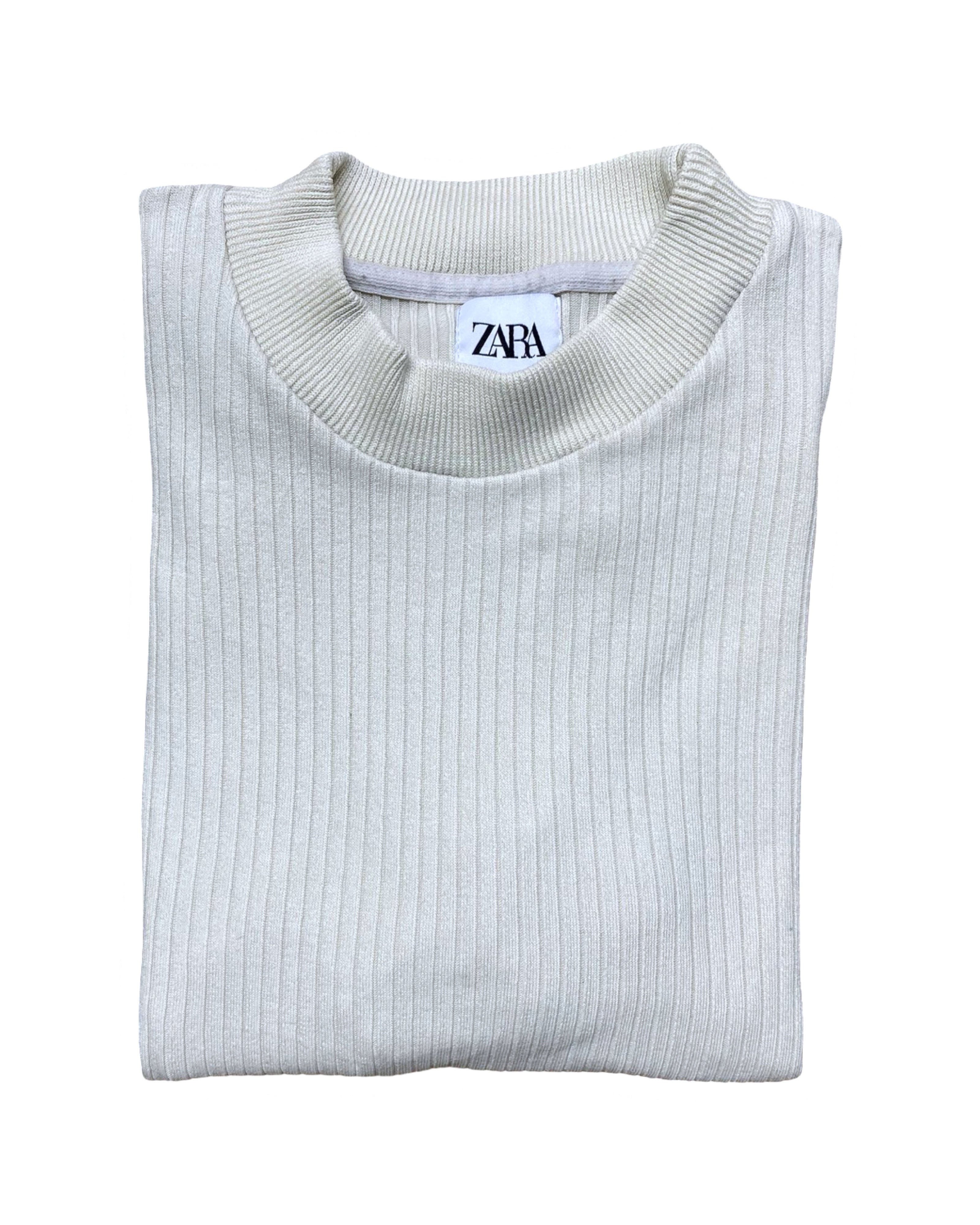 ZARA Ivory Ribbed Knit Fitted T-Shirt | Medium | Chest 20”