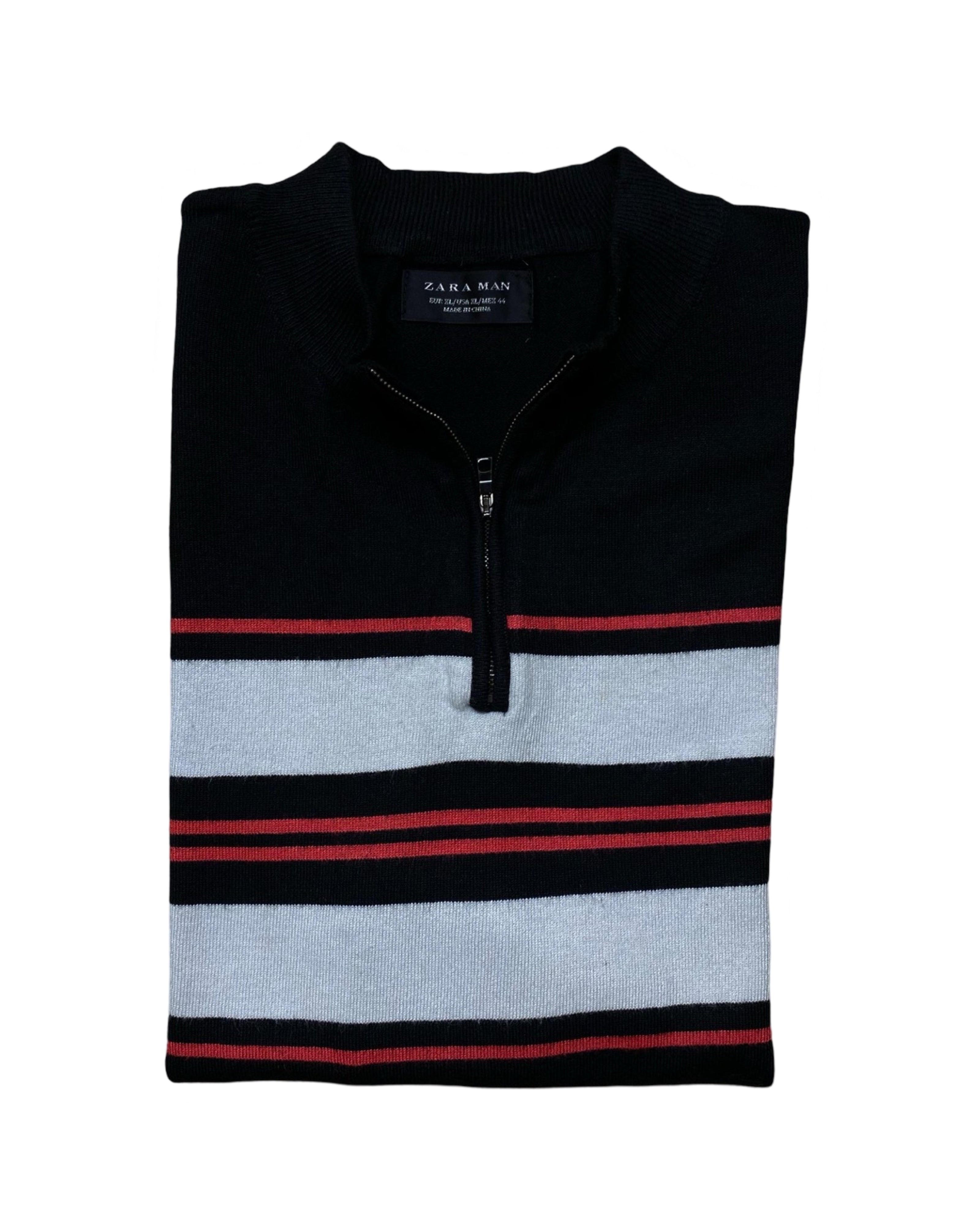 ZARA MAN Navy Quarter Zip Stripe Knit Shirt | Large | Chest 21”