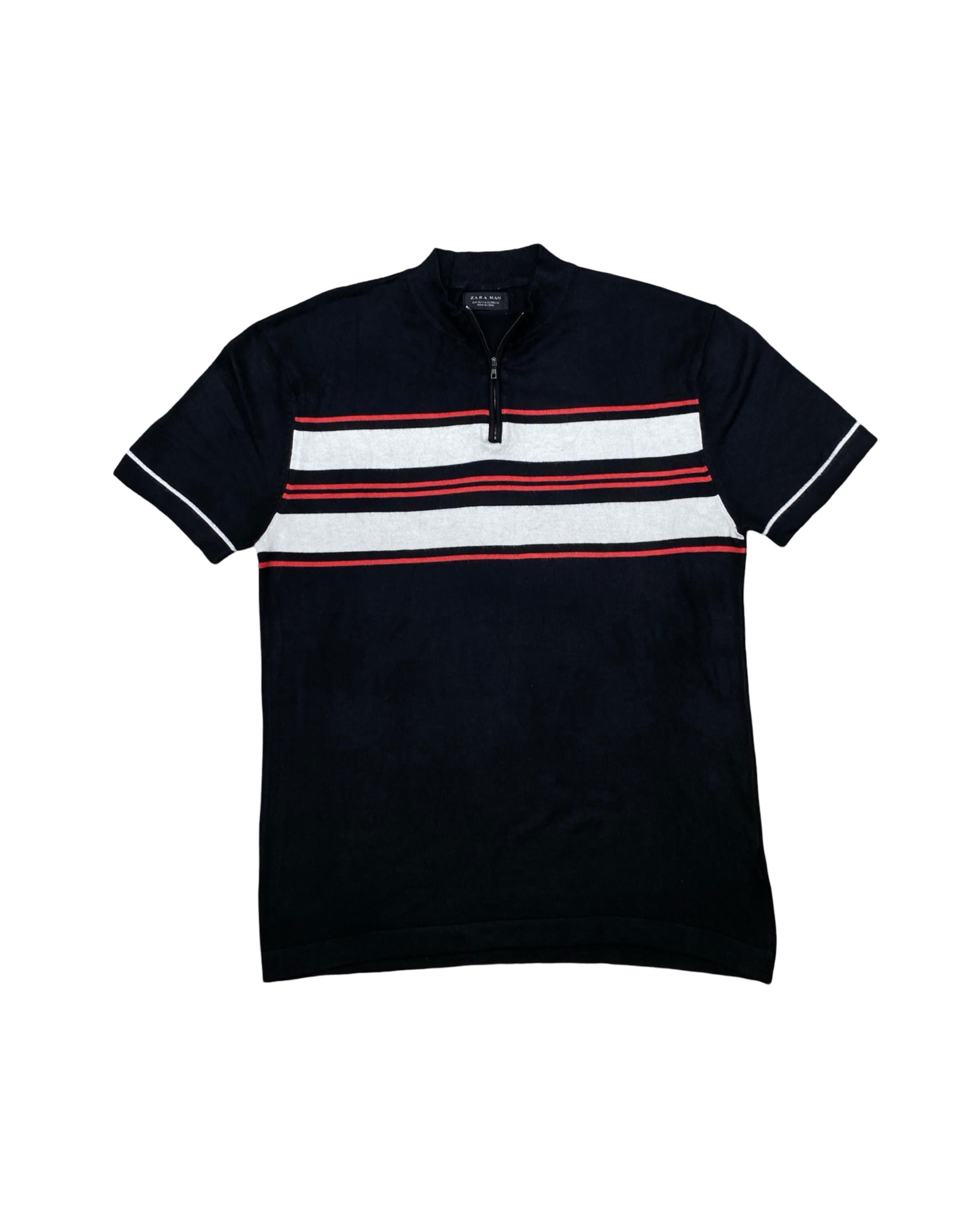 ZARA MAN Navy Quarter Zip Stripe Knit Shirt | Large | Chest 21”