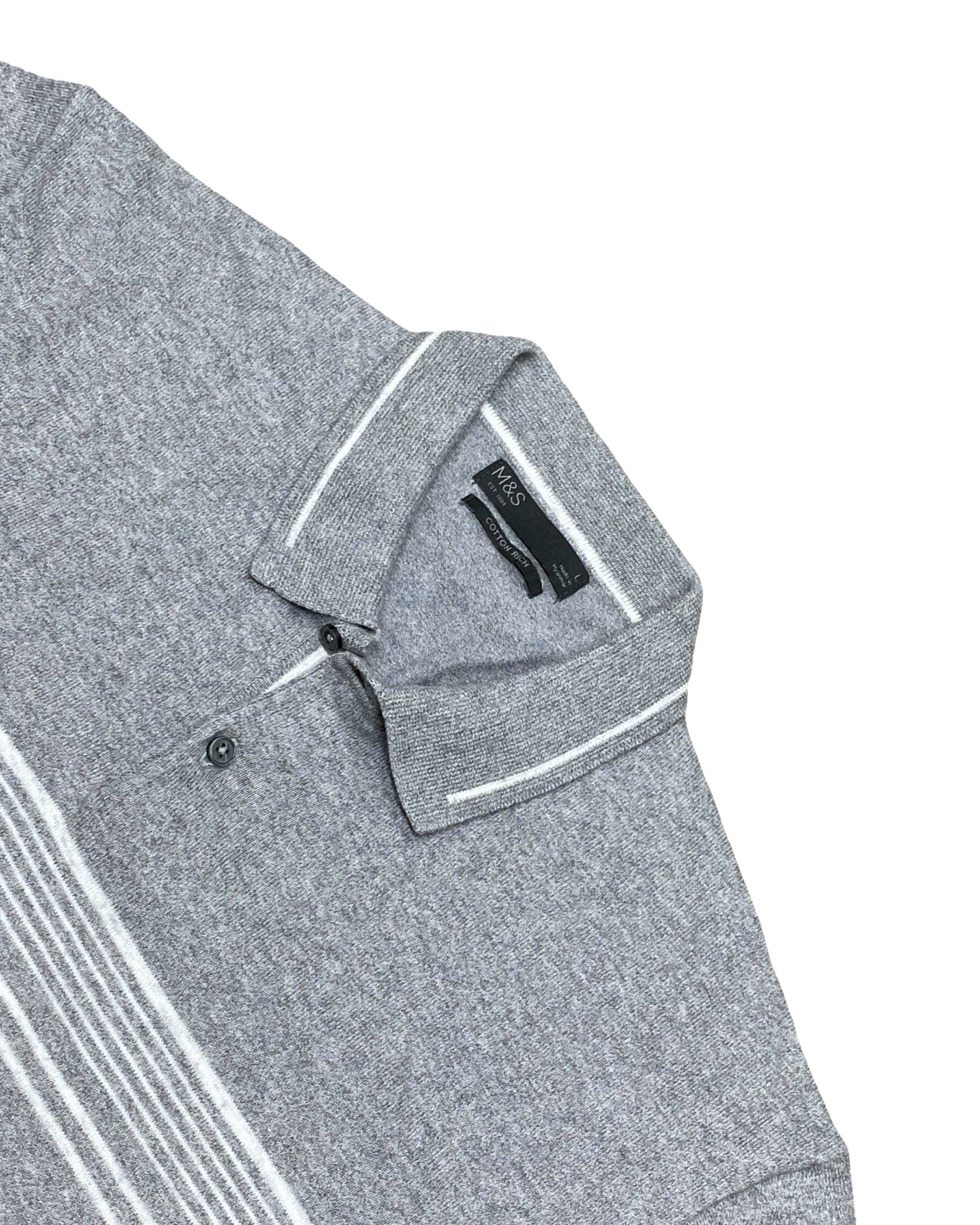 M&S Grey Textured Knit Polo Shirt | Large | Chest 21.5”