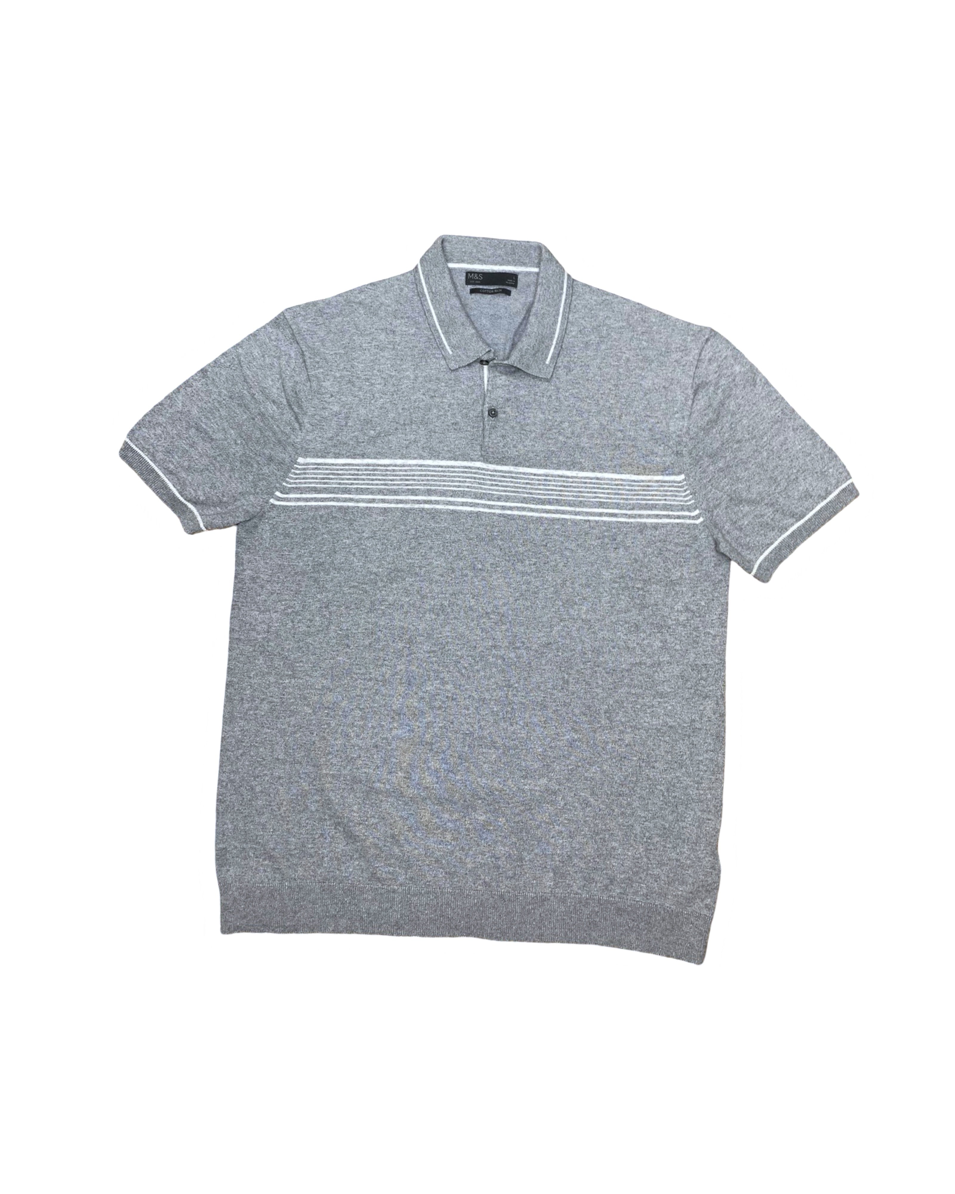 M&S Grey Textured Knit Polo Shirt | Large | Chest 21.5”