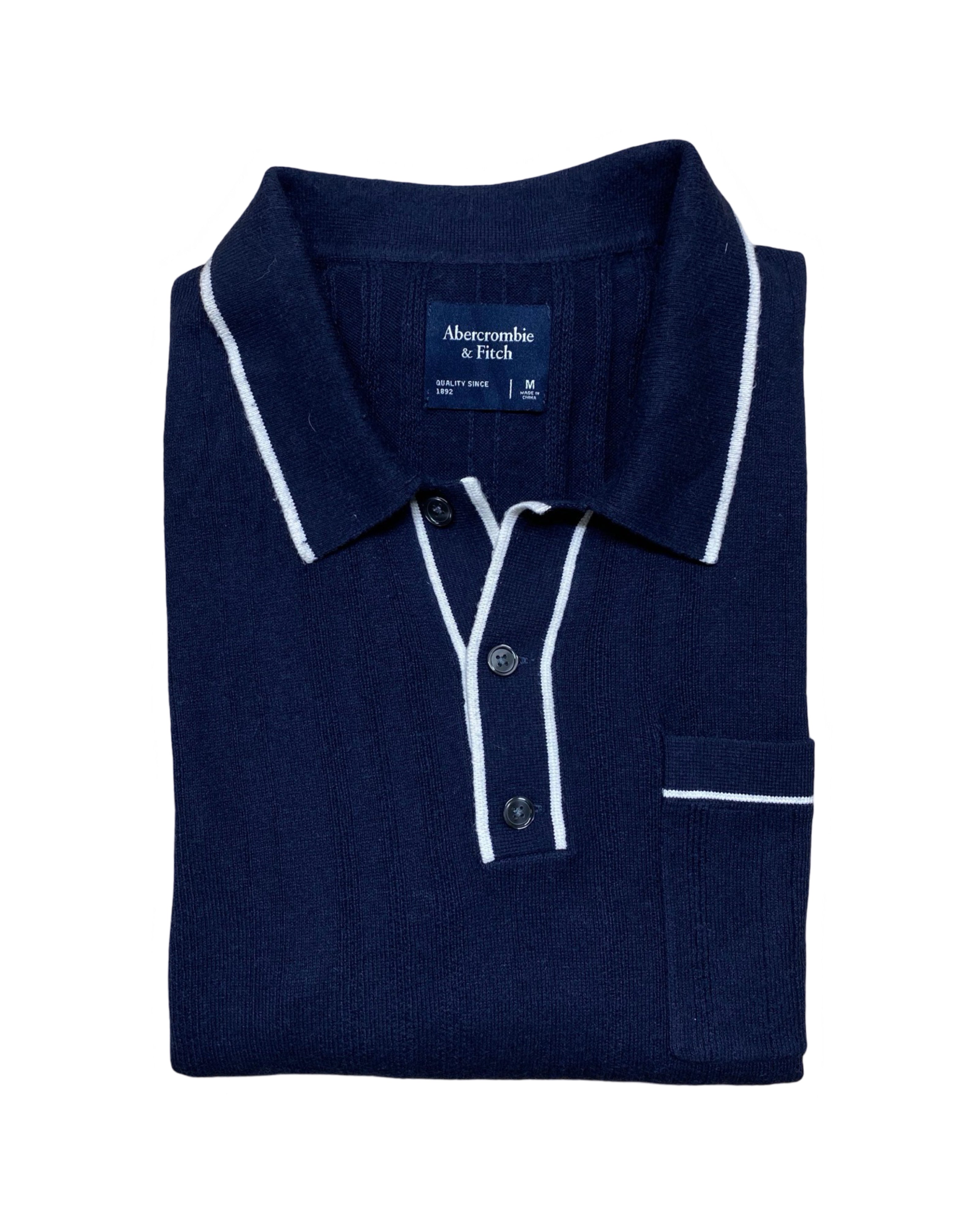 Abercrombie Navy Blue Piped Knit Polo Shirt | Large | Chest 22.5”