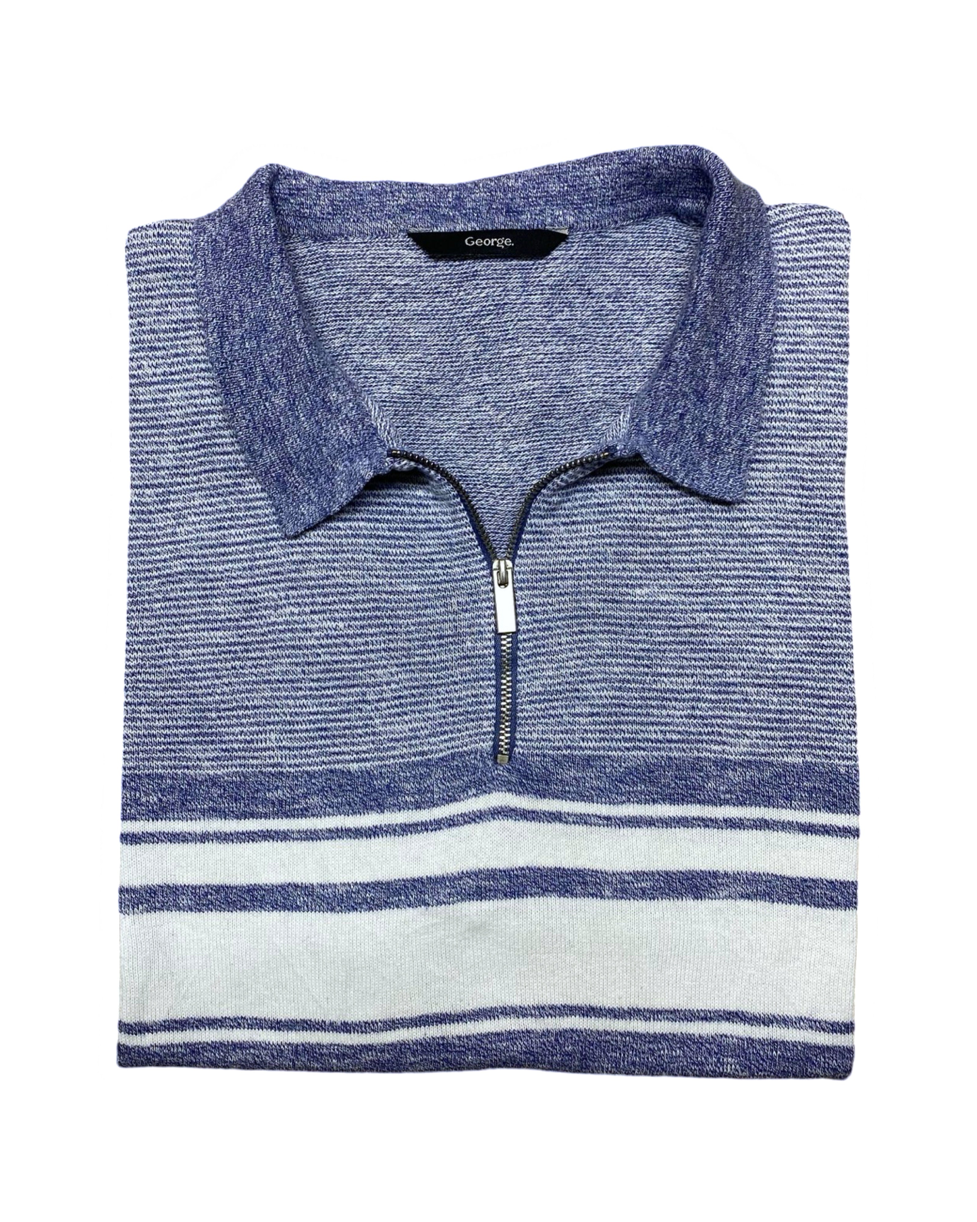 GEORGE Heather Blue Zip-Neck Striped Polo Shirt | XL | Chest 23.5”