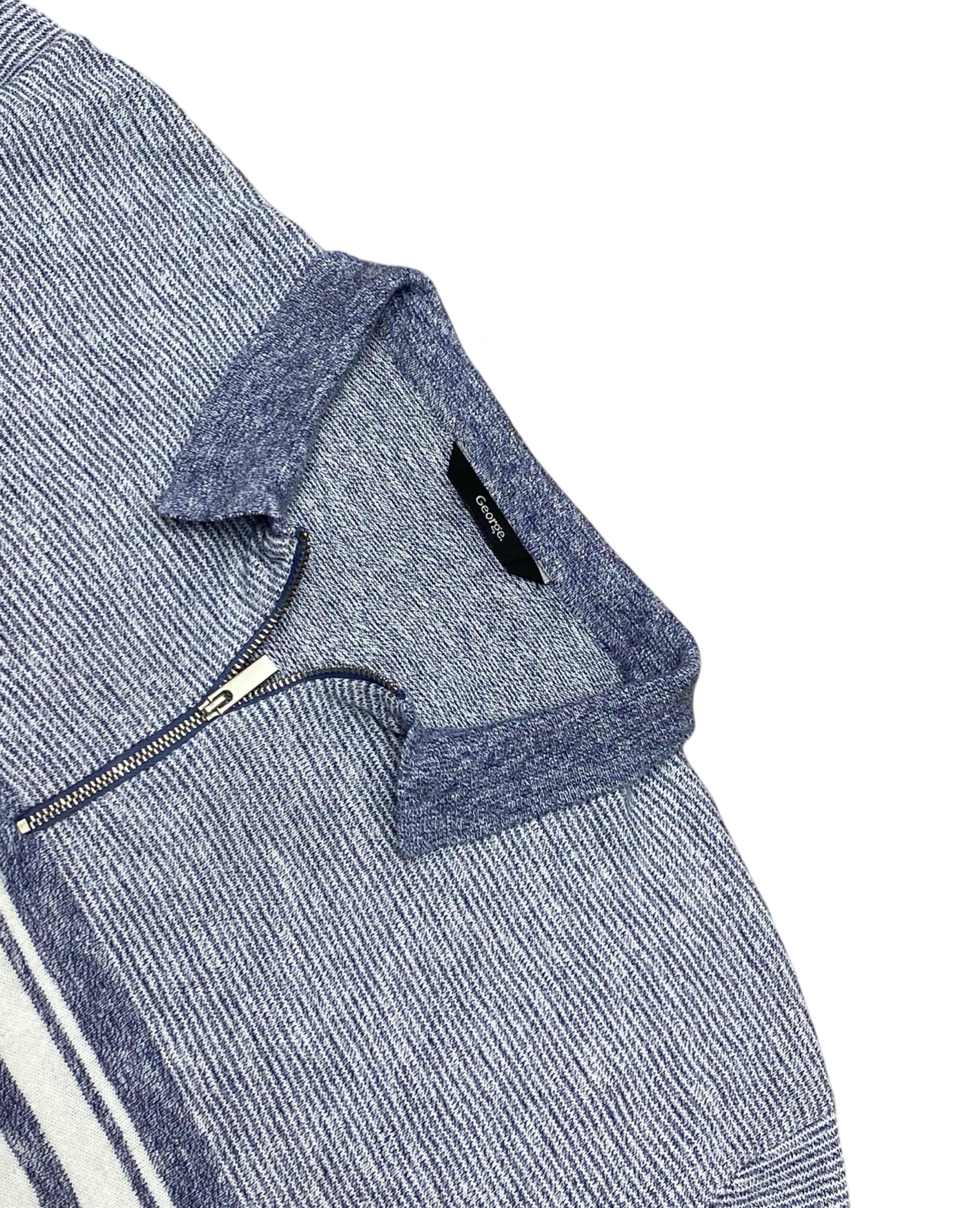 GEORGE Heather Blue Zip-Neck Striped Polo Shirt | XL | Chest 23.5”