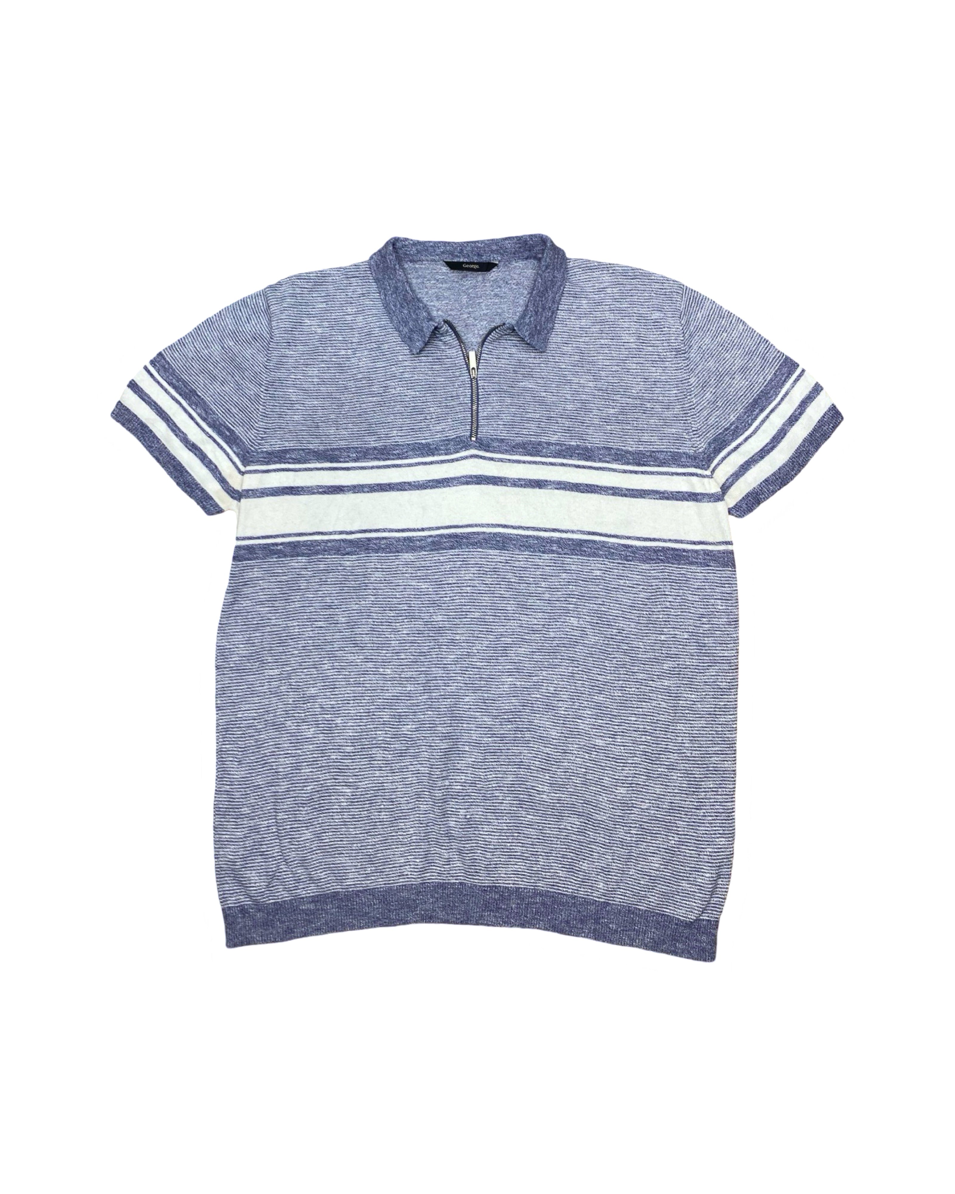 GEORGE Heather Blue Zip-Neck Striped Polo Shirt | XL | Chest 23.5”