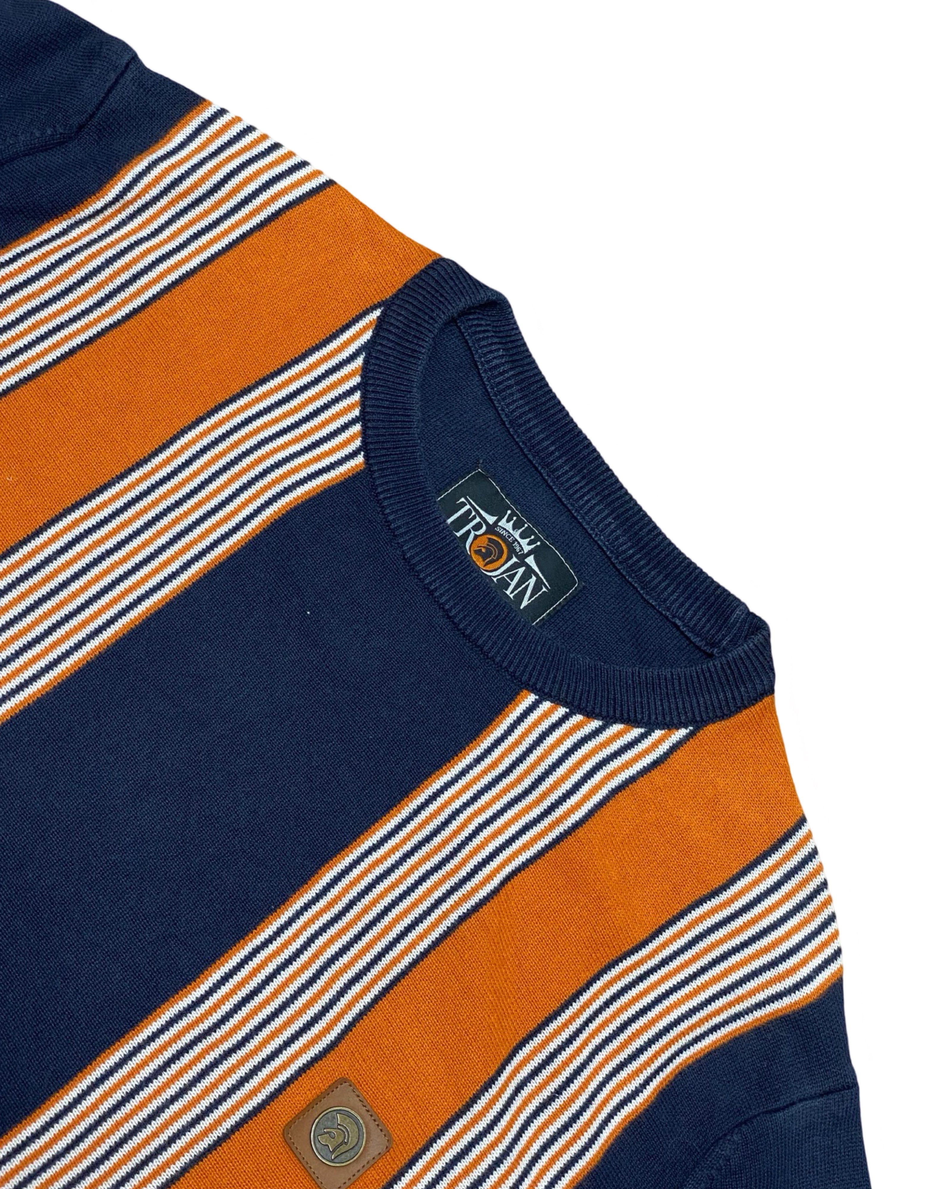 Trojan Navy & Orange Vertical Stripe Knit Shirt | Large | Chest 22”