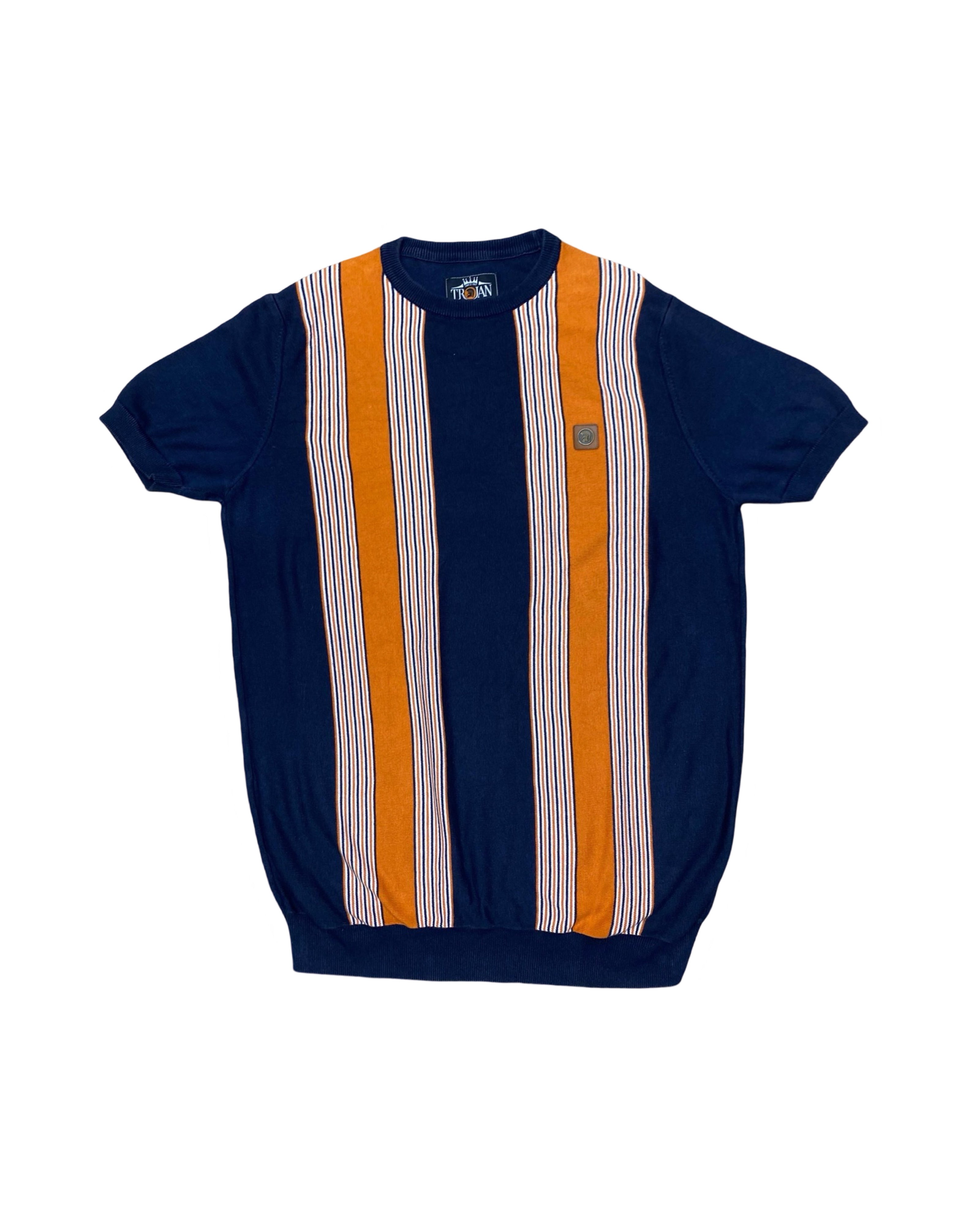 Trojan Navy & Orange Vertical Stripe Knit Shirt | Large | Chest 22”