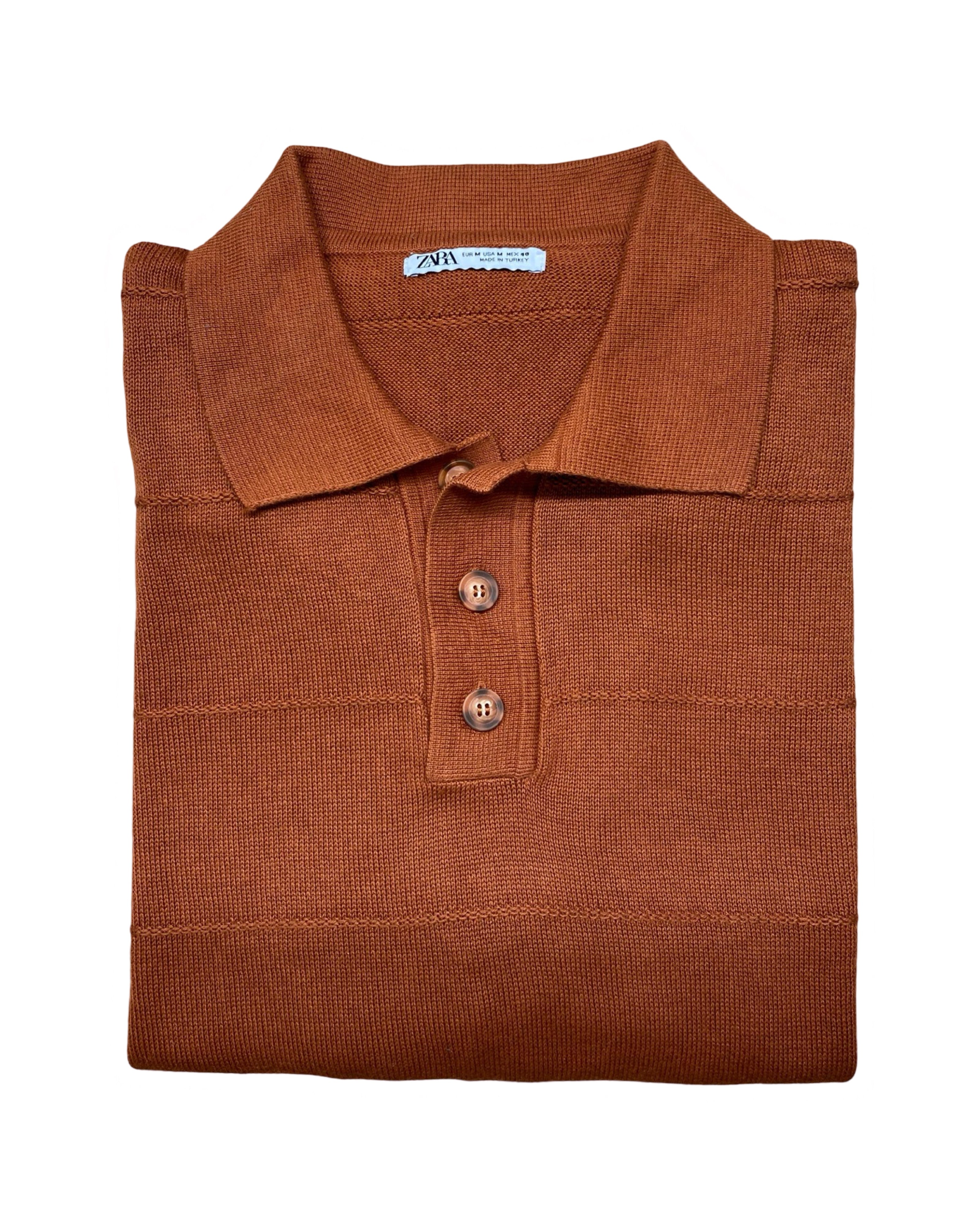 Zara Rust Orange Textured Knit Polo Shirt | Medium | Chest 22”