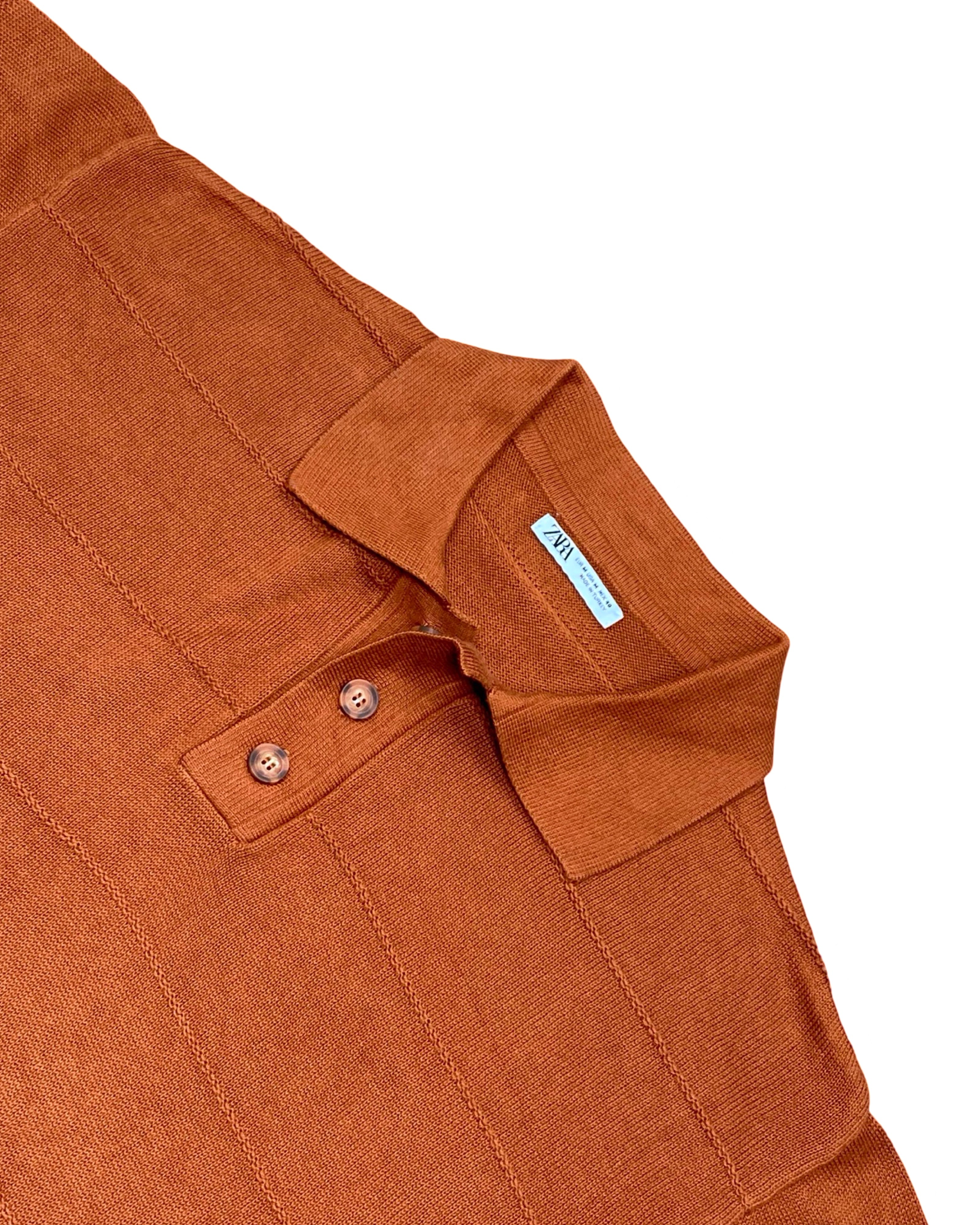 Zara Rust Orange Textured Knit Polo Shirt | Medium | Chest 22”