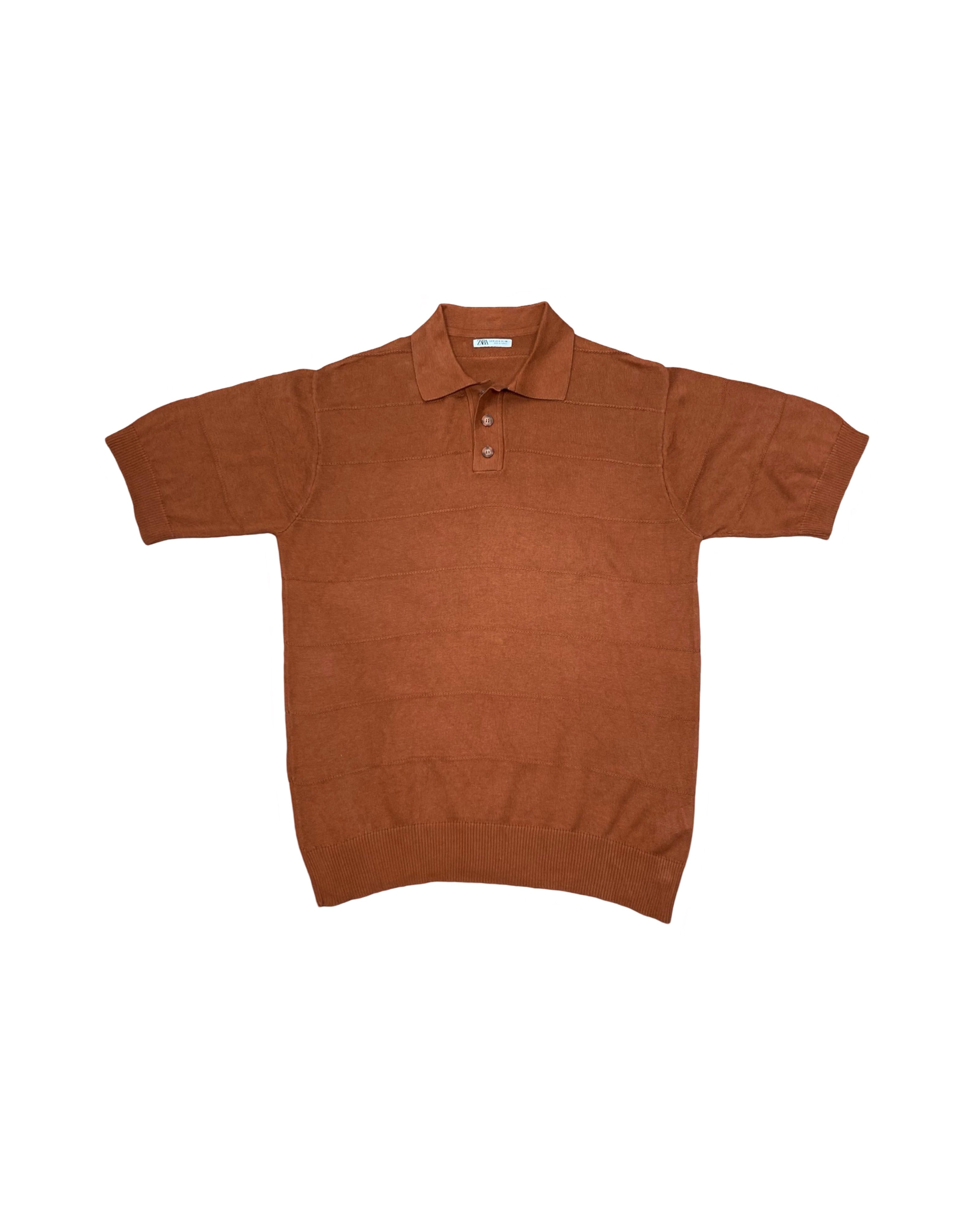 Zara Rust Orange Textured Knit Polo Shirt | Medium | Chest 22”