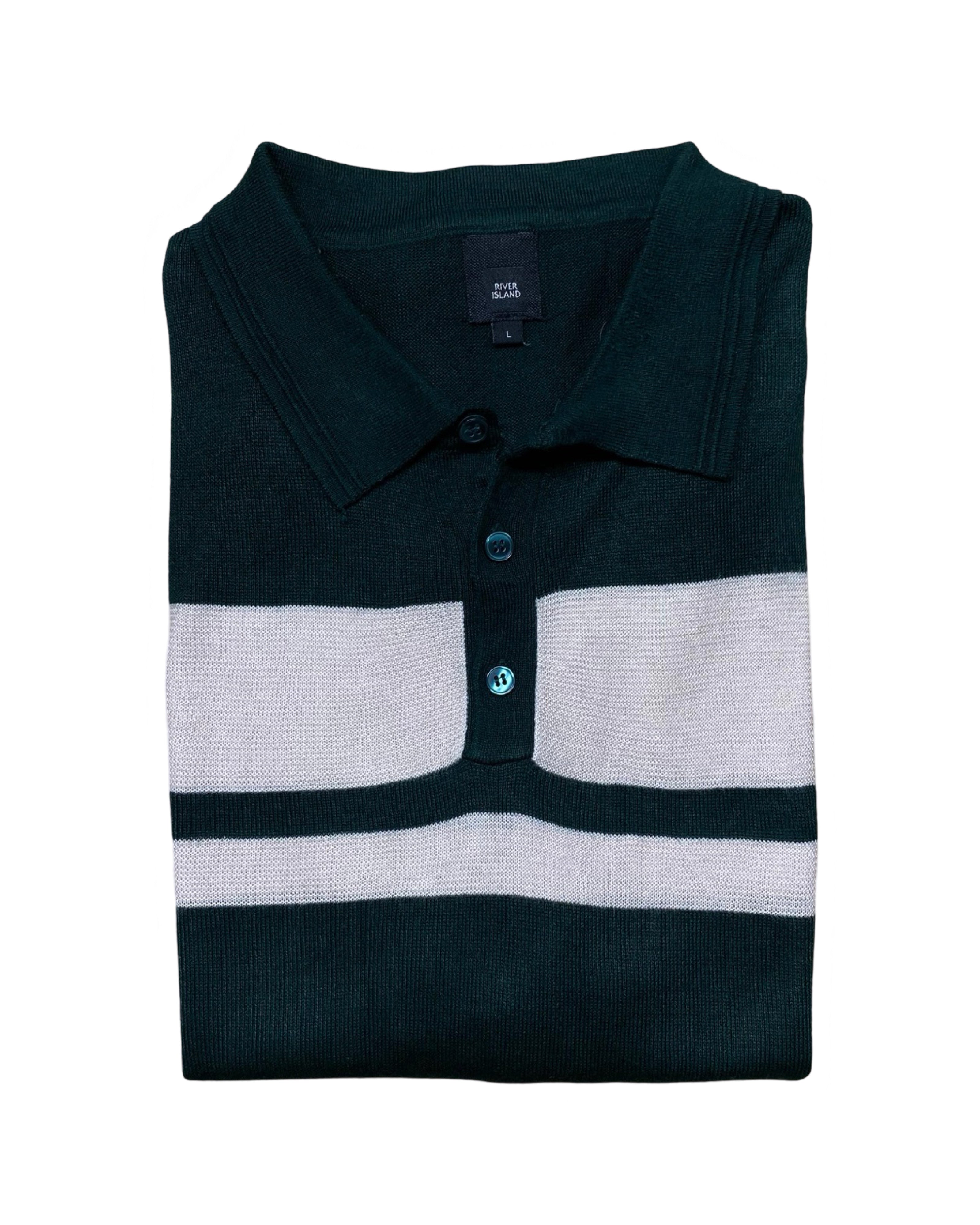River Island Green & White Stripe Knit Polo Shirt | Medium | Chest 22”