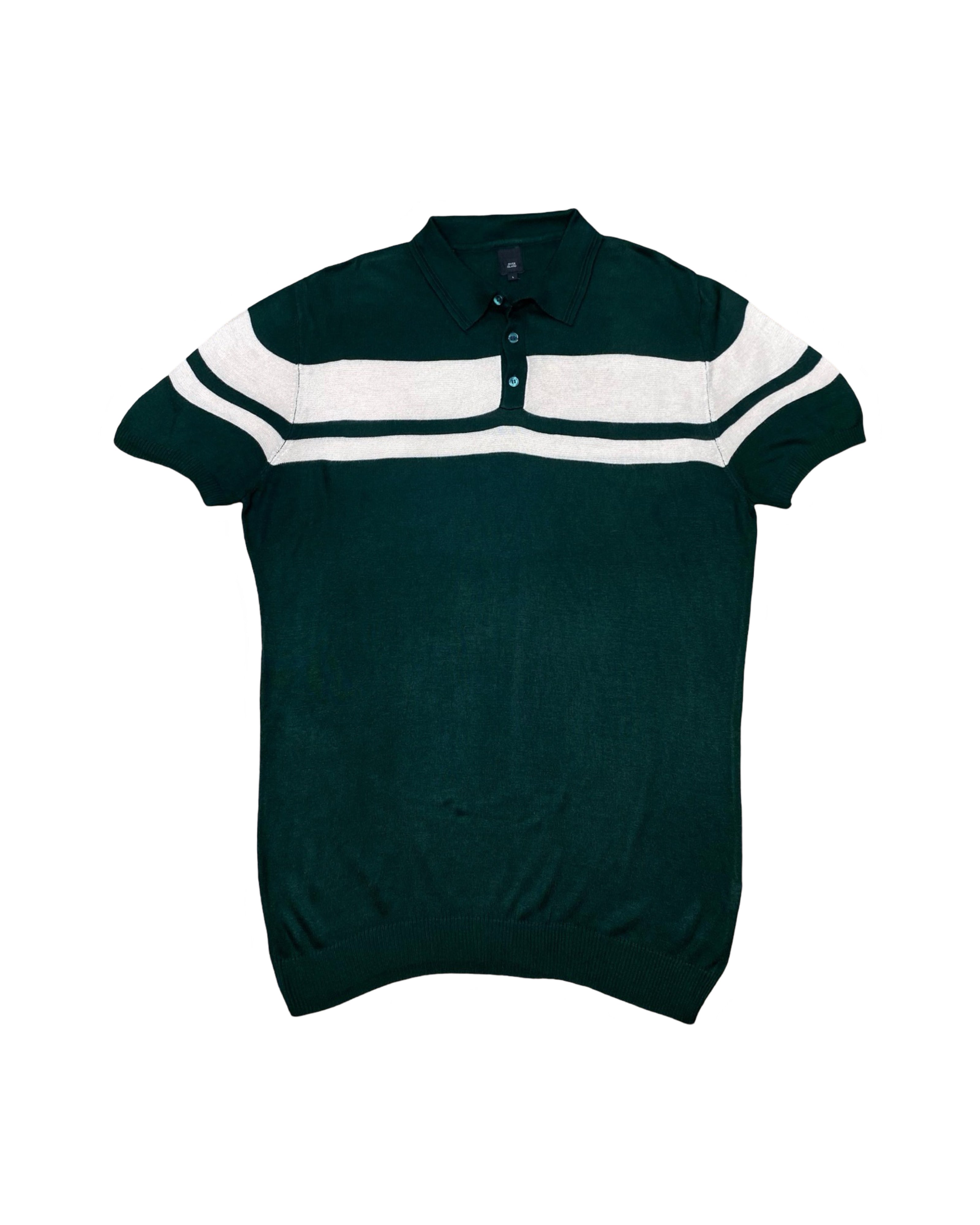 River Island Green & White Stripe Knit Polo Shirt | Medium | Chest 22”