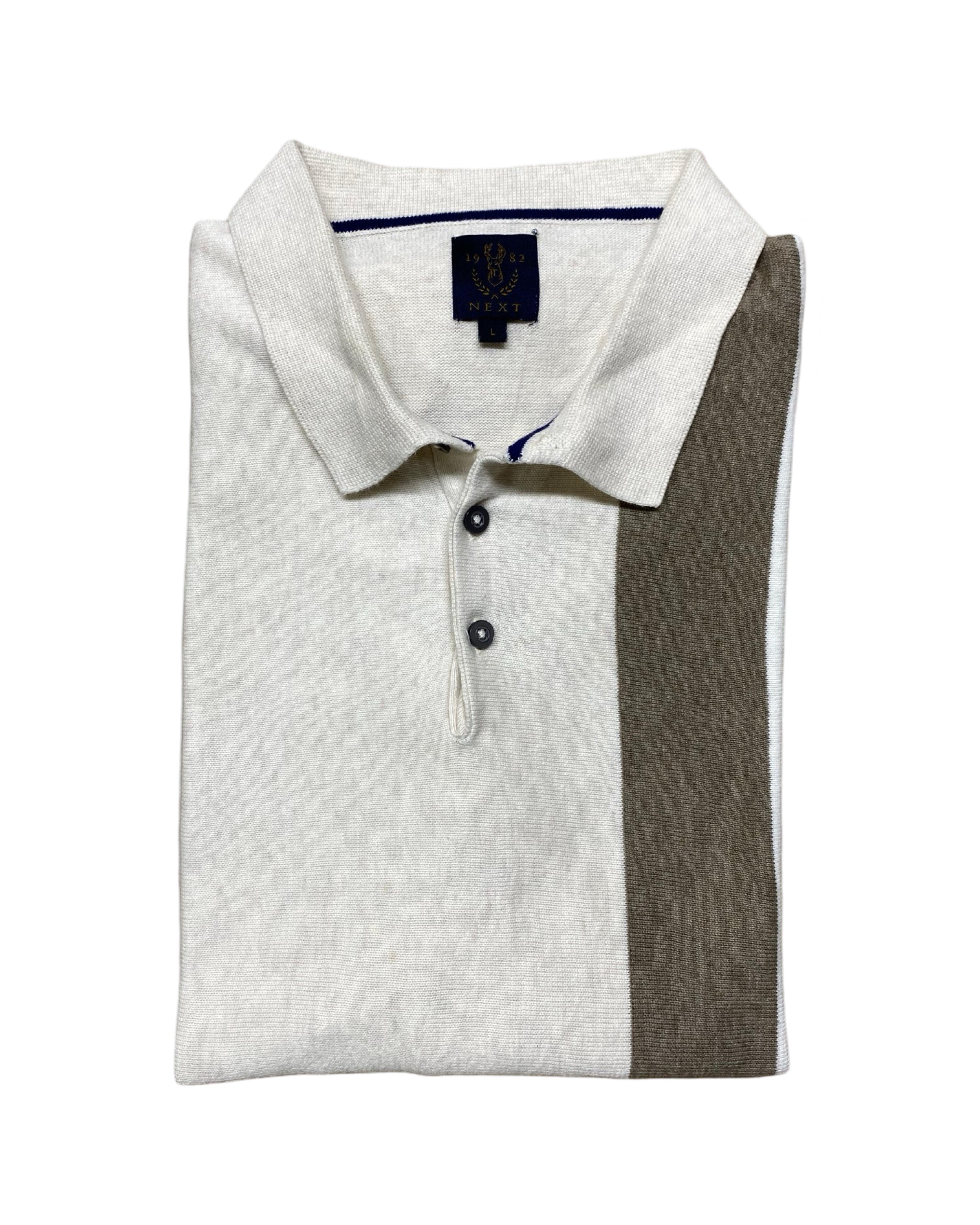 Next White & Taupe Vertical Stripe Polo Knit Shirt | Medium | Chest 21.5”