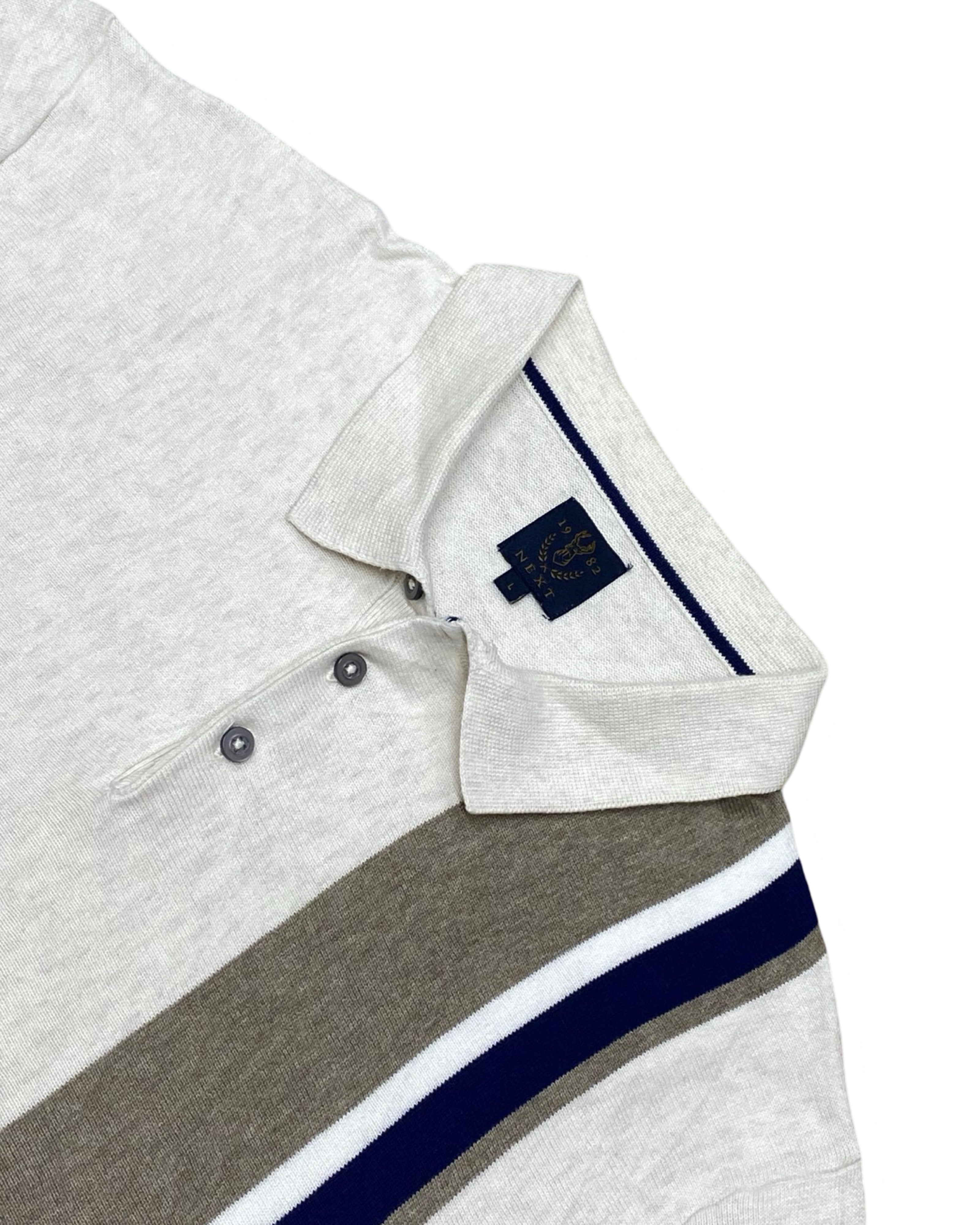 Next White & Taupe Vertical Stripe Polo Knit Shirt | Medium | Chest 21.5”