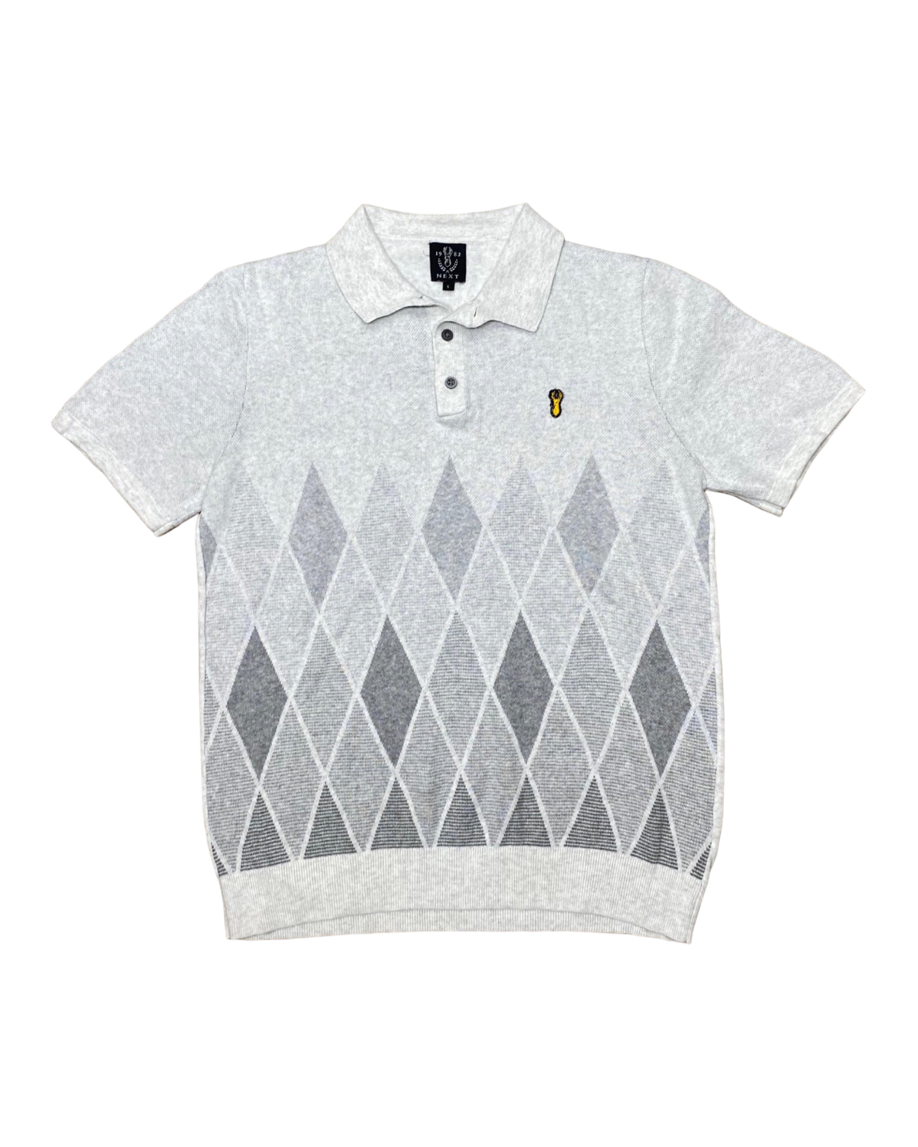 Next Grey Argyle Knit Polo Shirt | Small | Chest 19”