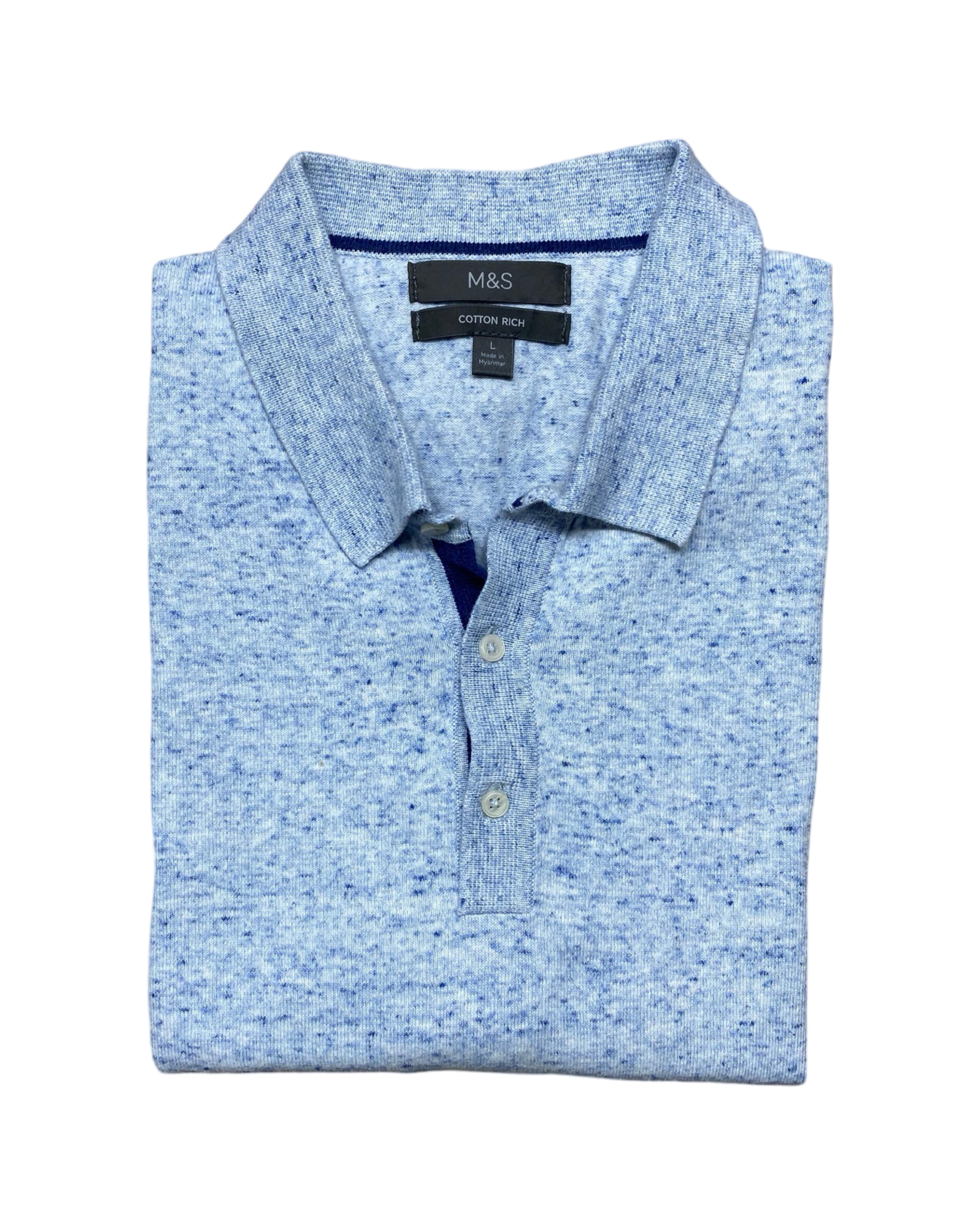 M&S Speckled Blue Knit Polo Shirt | Large | Chest 22”