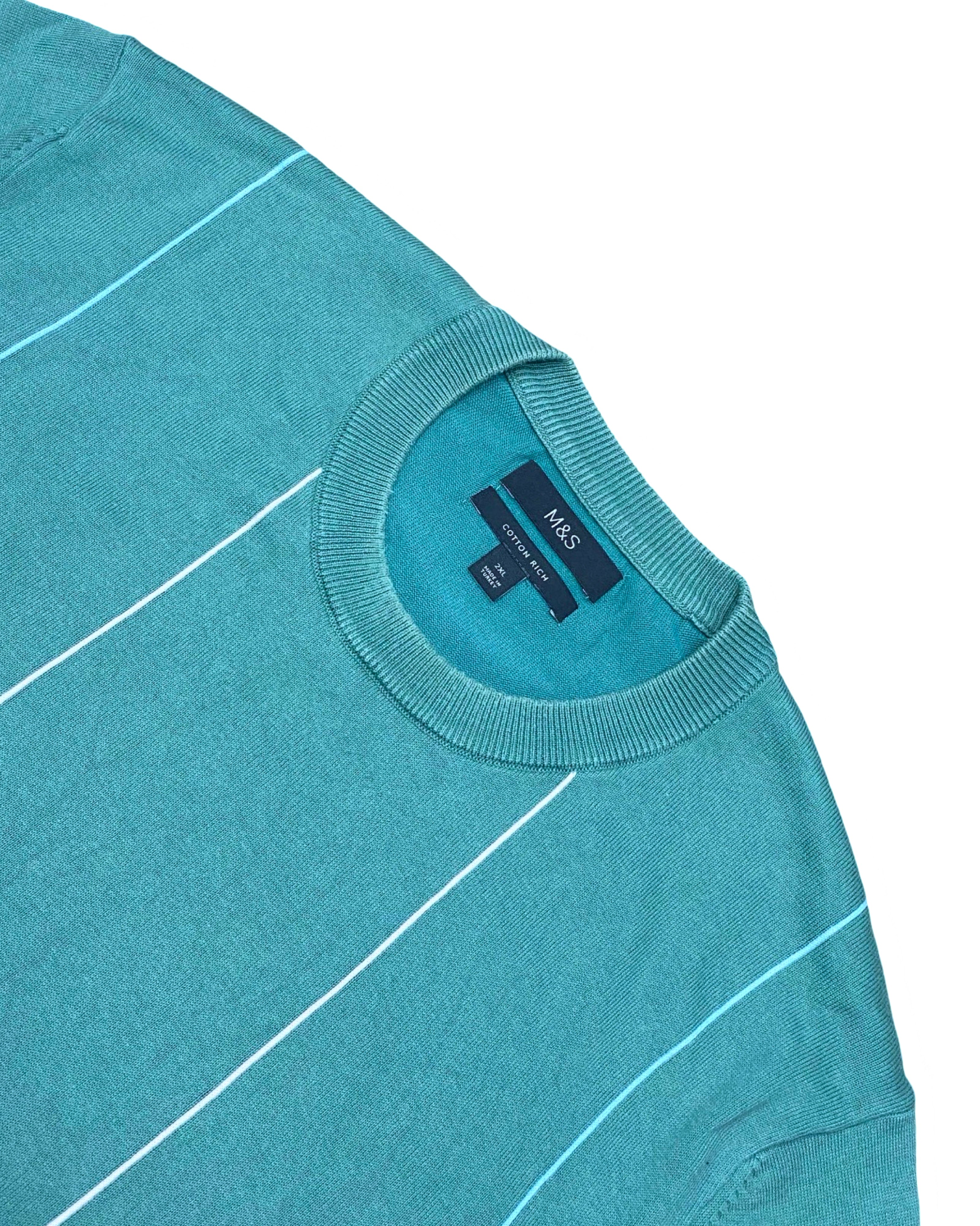 M&S Teal Blue Vertical Stripe Knit Shirt | XXL | Chest 25”